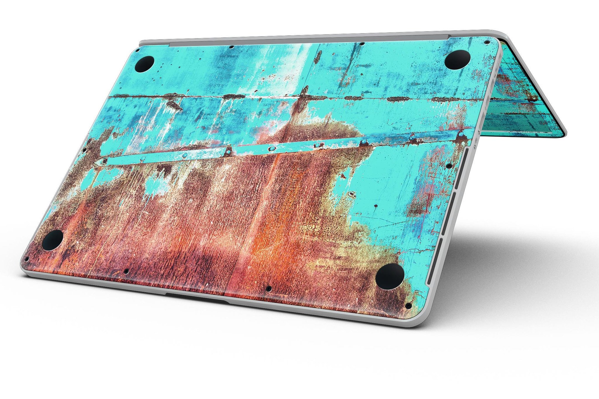 Bright turquoise rusted surface skin for MacBook Pro with Retina Display, showcasing a stylish design that protects the device.