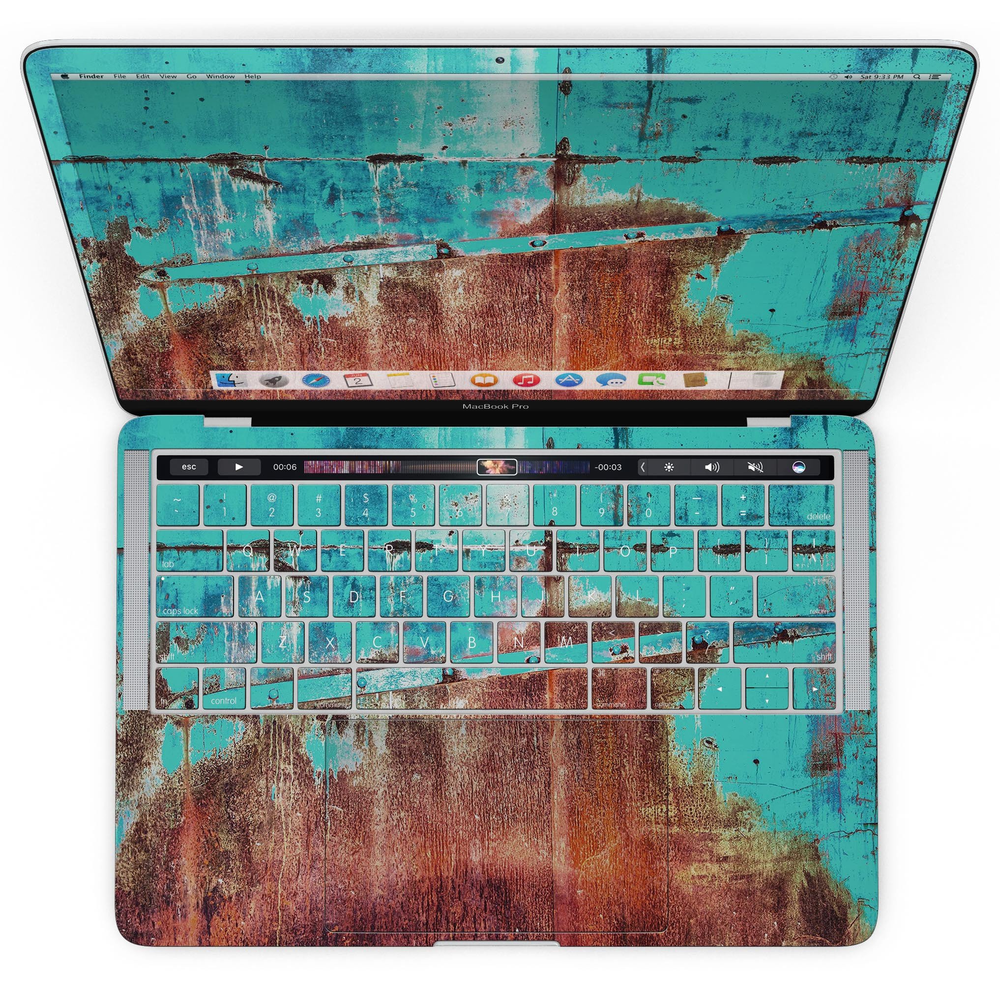 Bright turquoise skin for MacBook Pro with Touch Bar, featuring a rusted surface design, showcasing vibrant colors and texture.