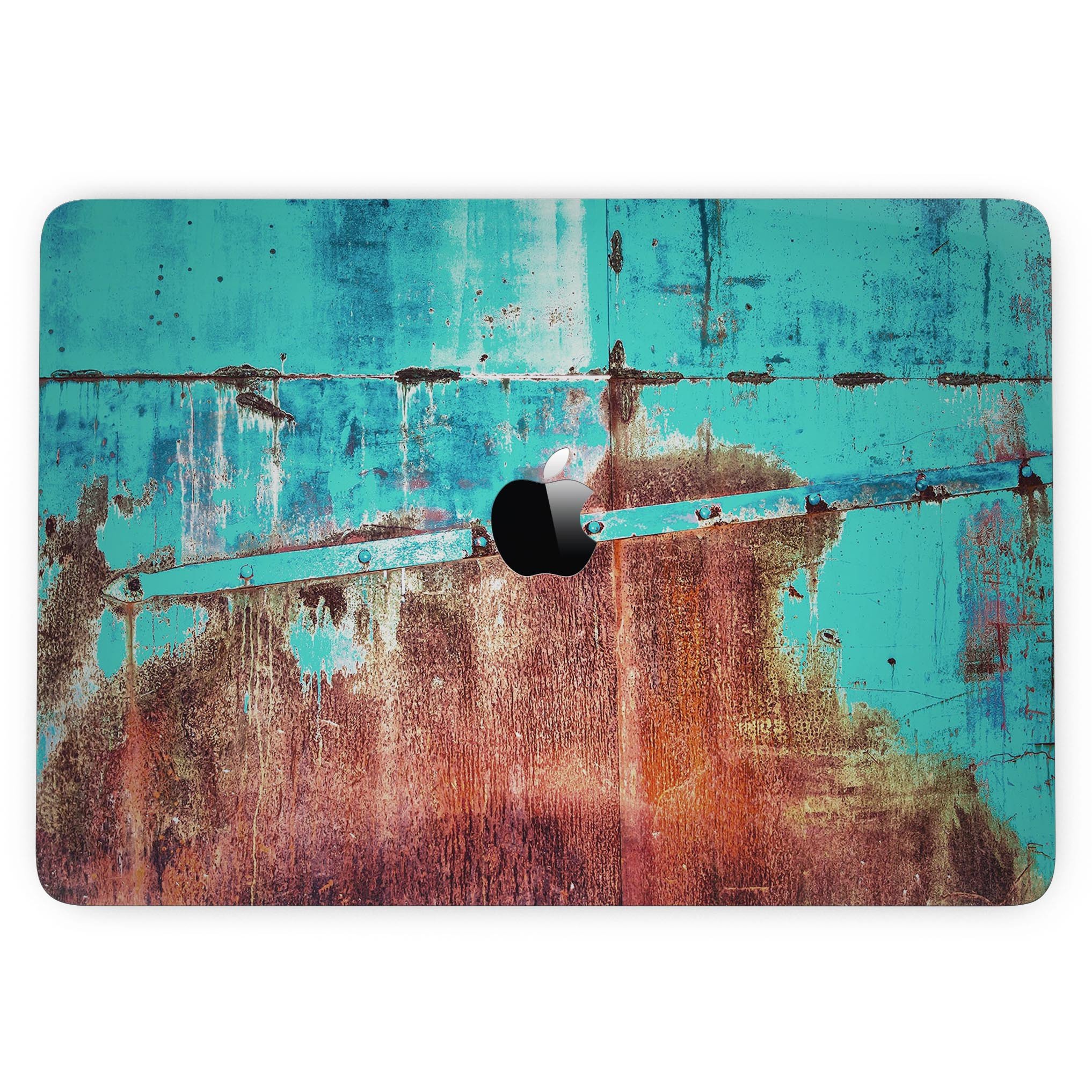 Bright turquoise skin for MacBook Pro with Touch Bar, featuring a rusted surface design, showcasing vibrant colors and texture.