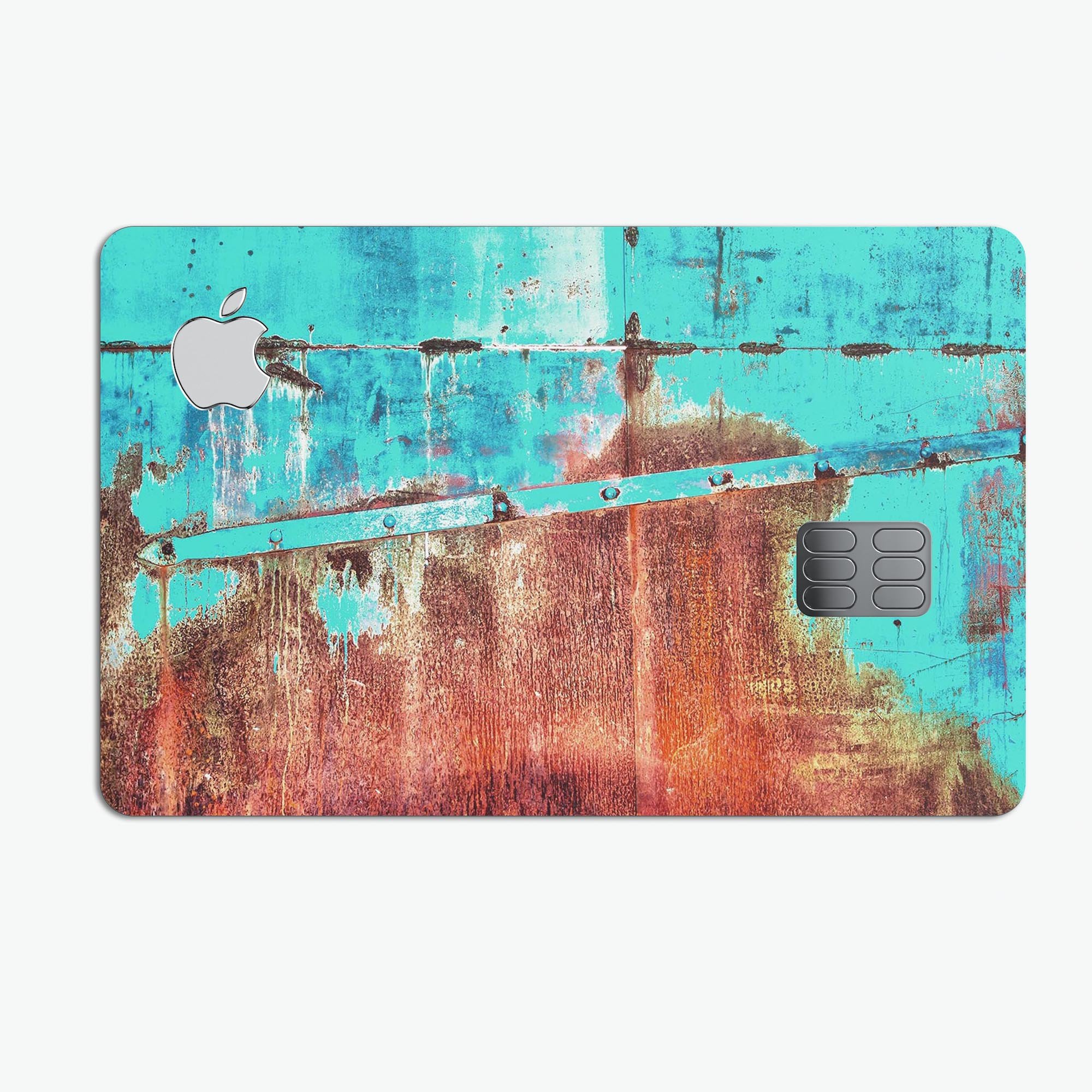 Bright turquoise rusted surface decal skin for Apple Card, showcasing vibrant color and unique texture.