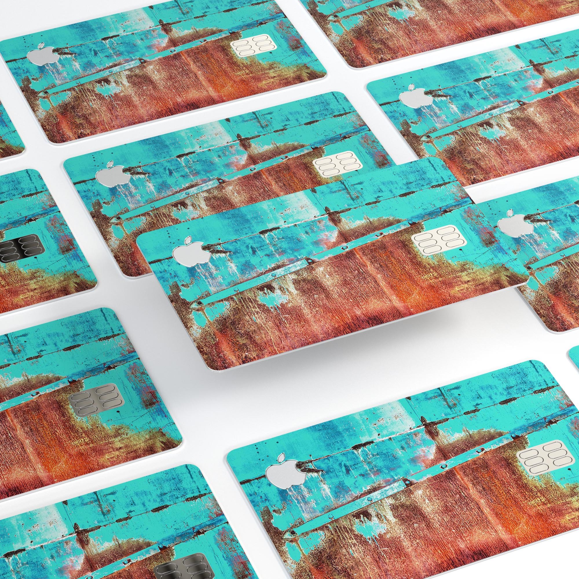 Bright turquoise rusted surface decal skin for Apple Card, showcasing vibrant color and unique texture.