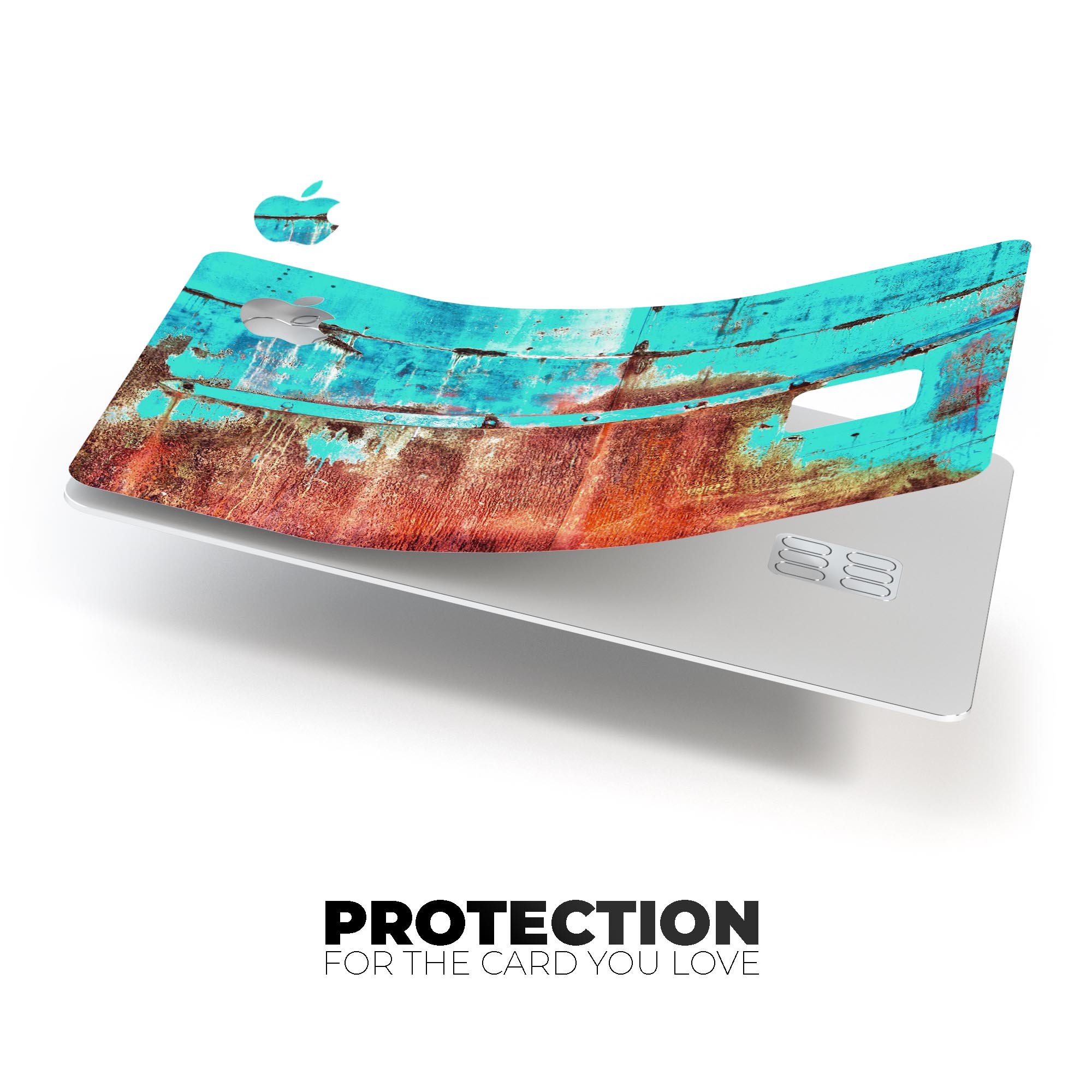 Bright turquoise rusted surface decal skin for Apple Card, showcasing vibrant color and unique texture.