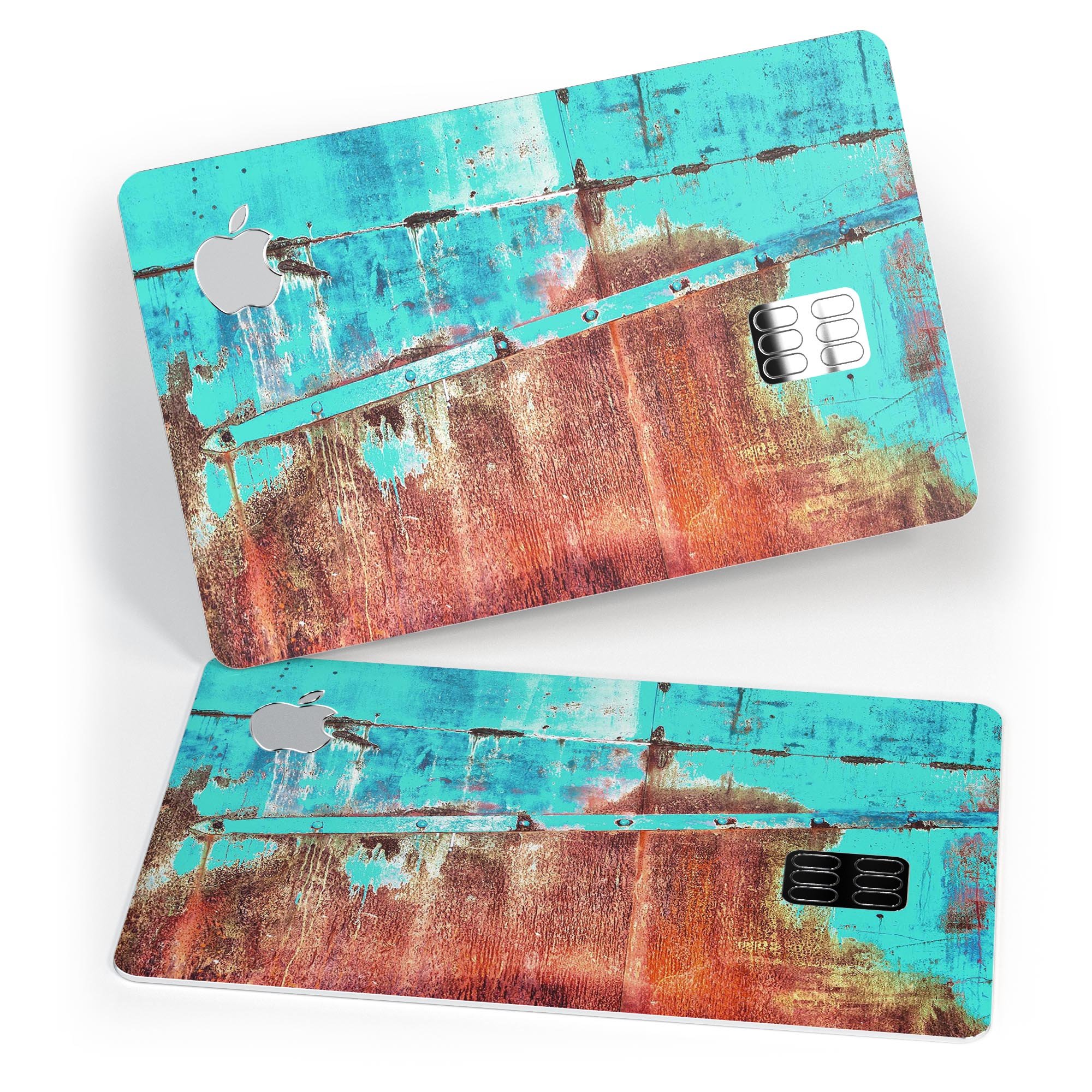 Bright turquoise rusted surface decal skin for Apple Card, showcasing vibrant color and unique texture.