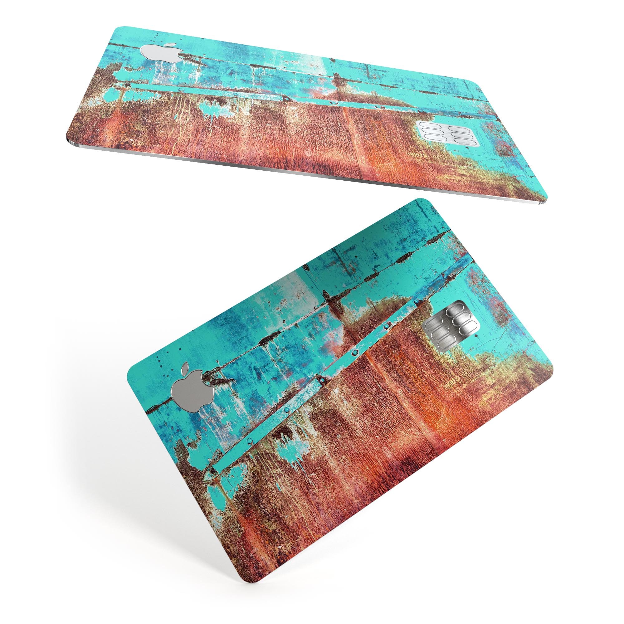 Bright turquoise rusted surface decal skin for Apple Card, showcasing vibrant color and unique texture.