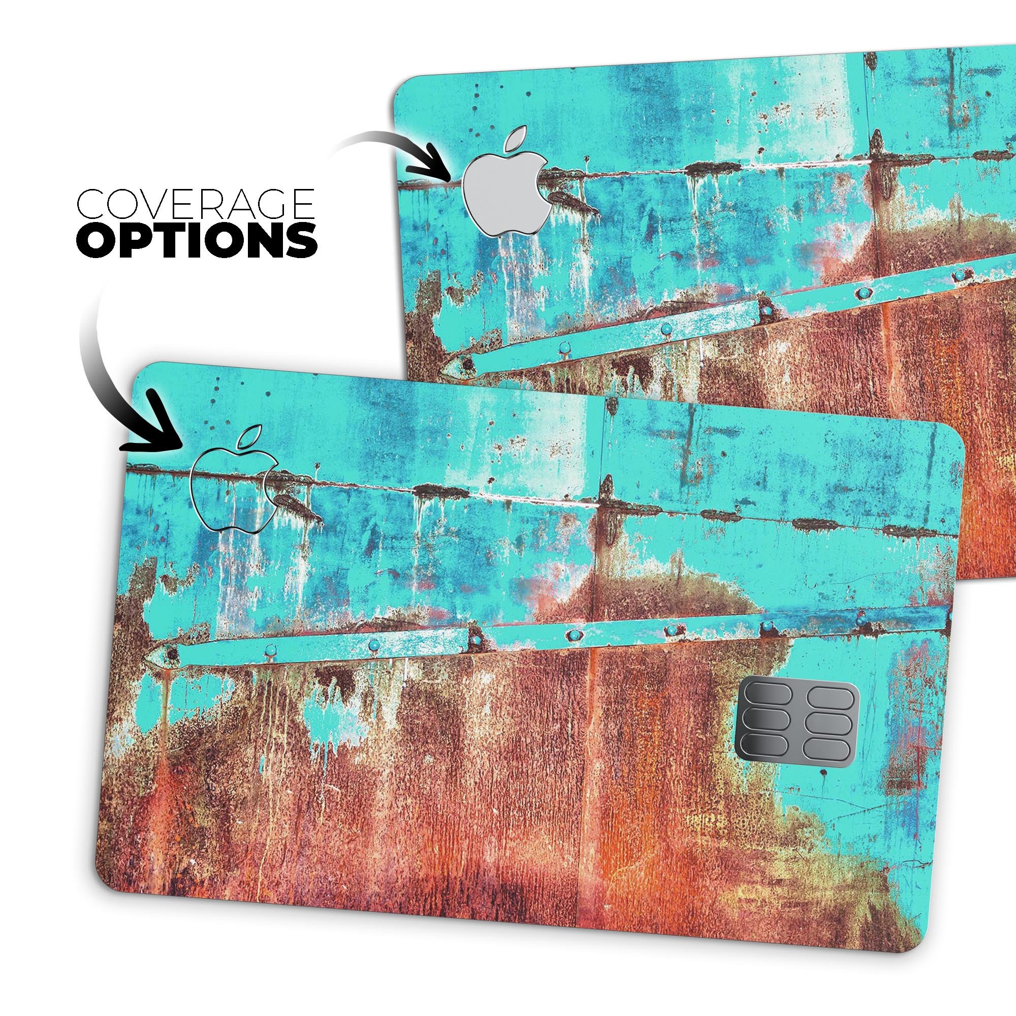 Bright turquoise rusted surface decal skin for Apple Card, showcasing vibrant color and unique texture.