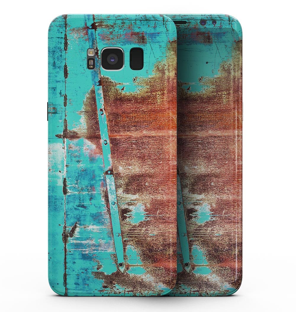 Bright turquoise rusted surface skin for Samsung Galaxy S8, showcasing vibrant colors and textured design.