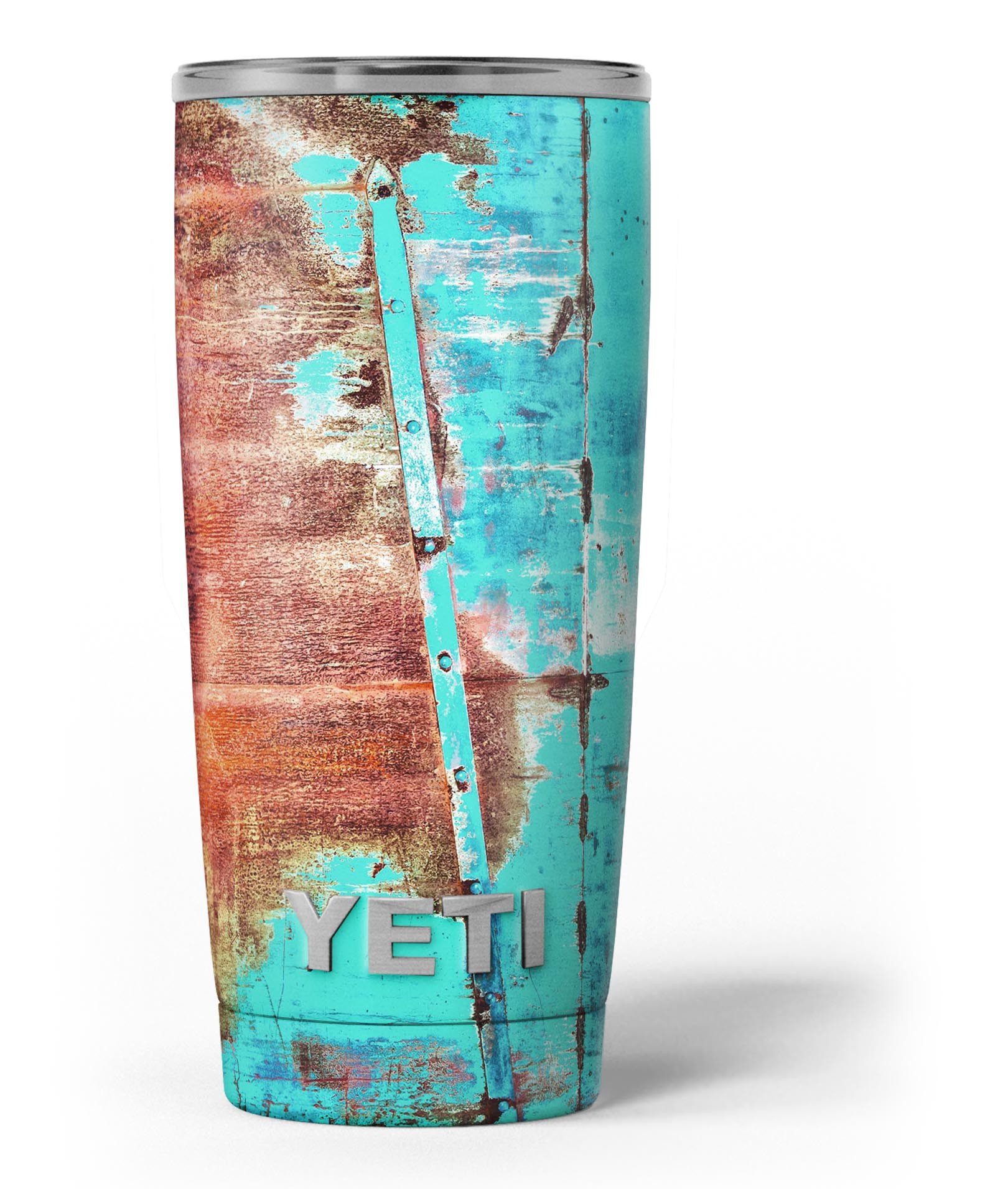 Bright turquoise rusted surface skin decal vinyl wrap kit for Yeti Coolers, showcasing a unique design and premium quality.