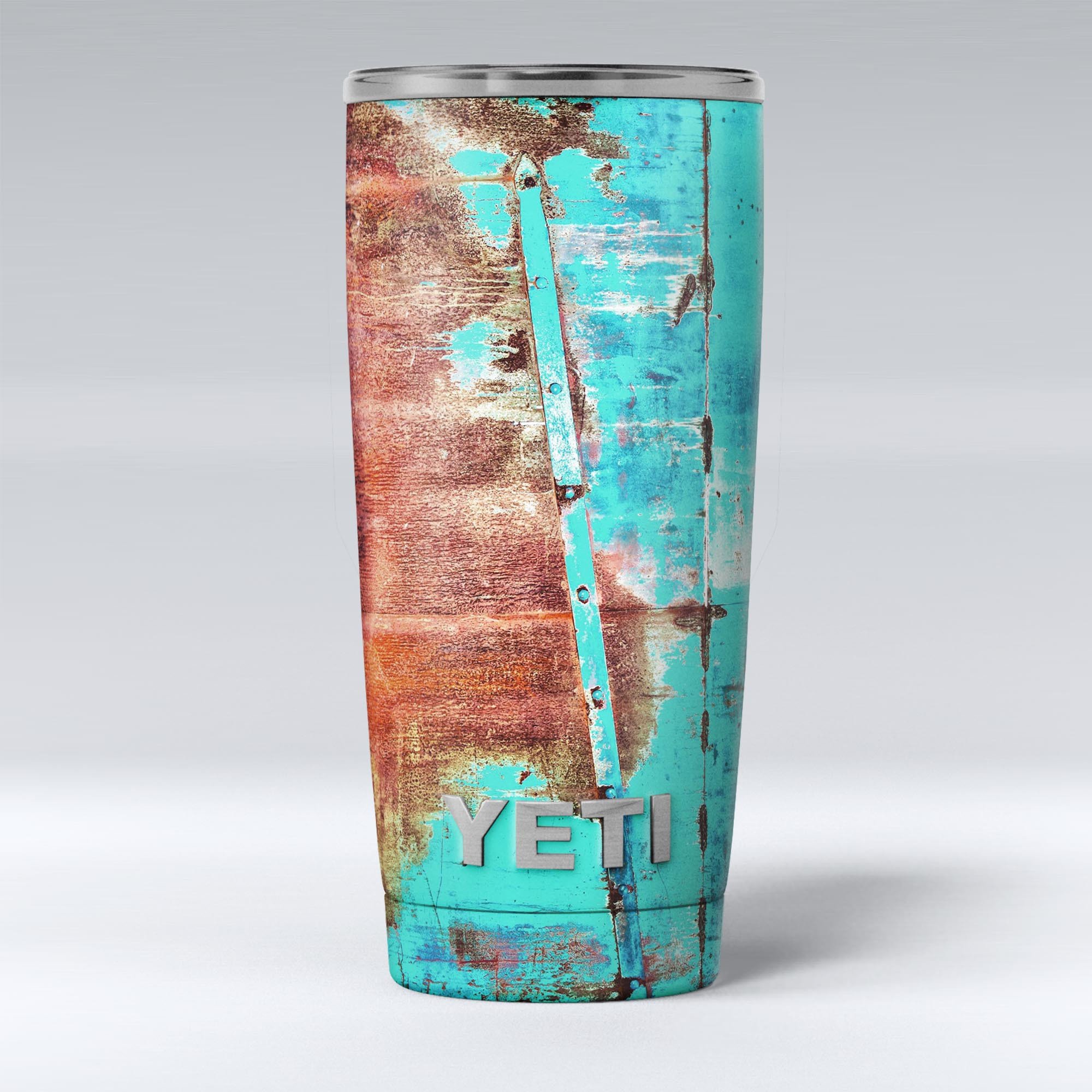 Bright turquoise rusted surface skin decal vinyl wrap kit for Yeti Coolers, showcasing a unique design and premium quality.