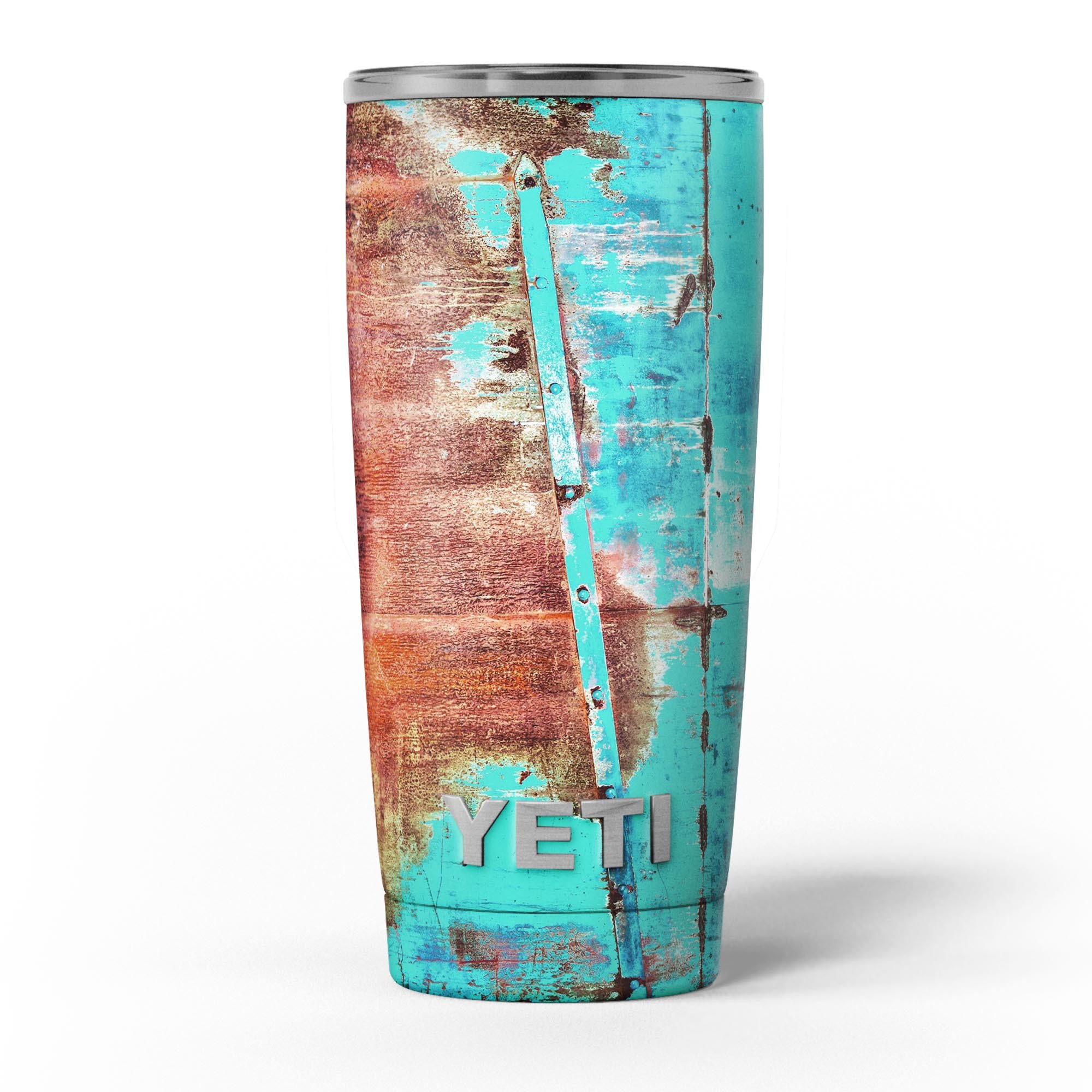 Bright turquoise rusted surface skin decal vinyl wrap kit for Yeti Coolers, showcasing a unique design and premium quality.