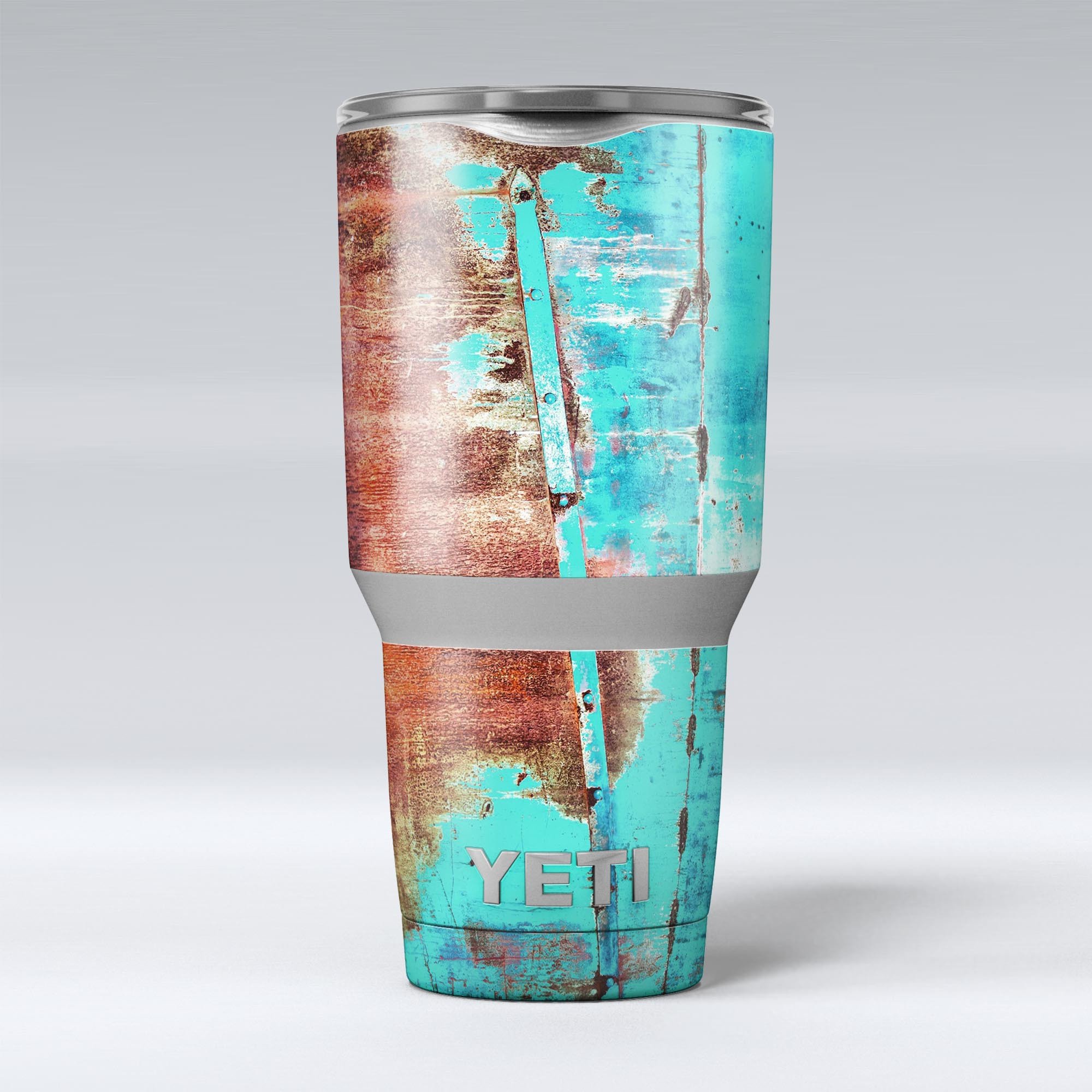 Bright turquoise rusted surface skin decal vinyl wrap kit for Yeti Coolers, showcasing a unique design and premium quality.