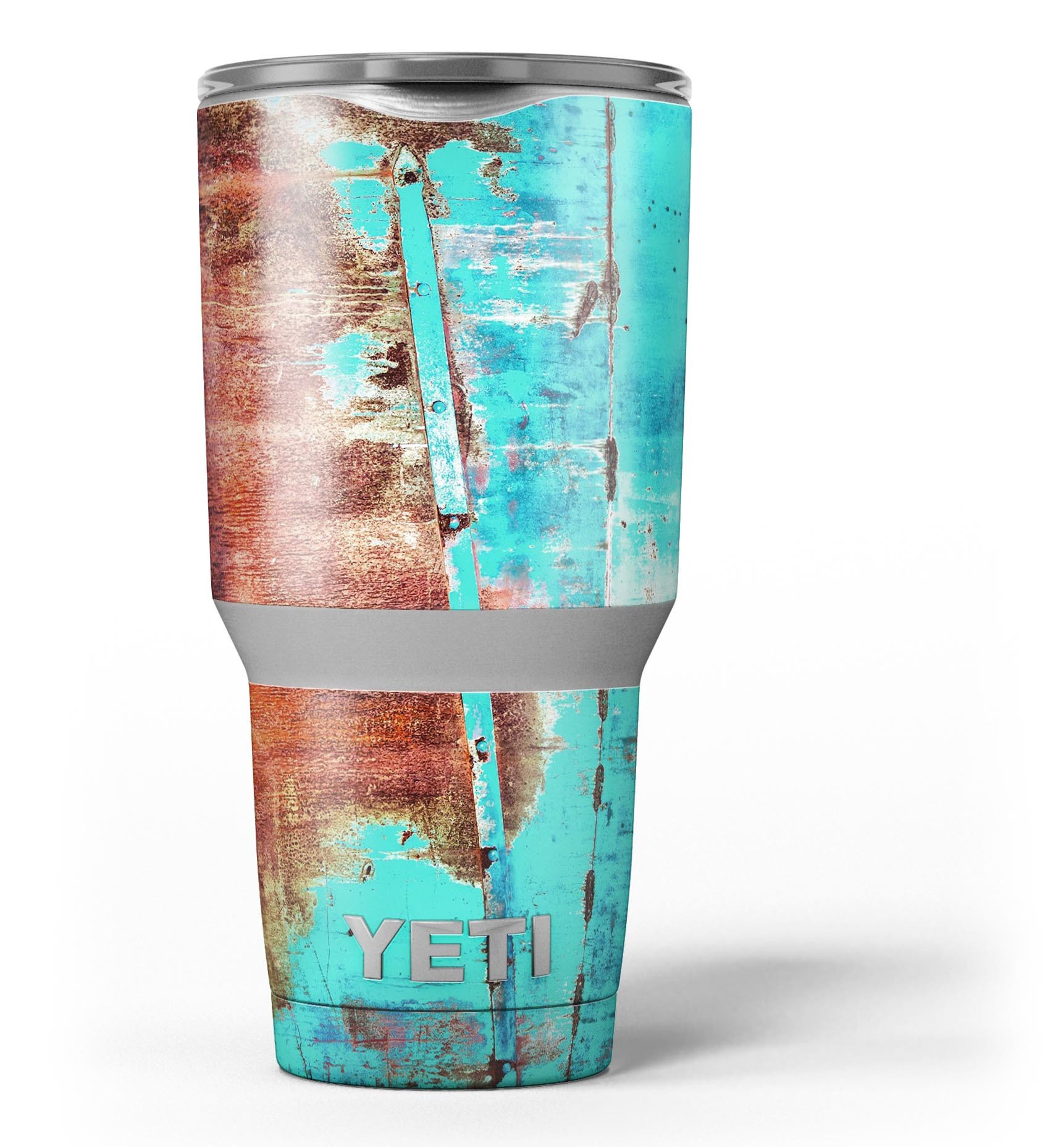 Bright turquoise rusted surface skin decal vinyl wrap kit for Yeti Coolers, showcasing a unique design and premium quality.