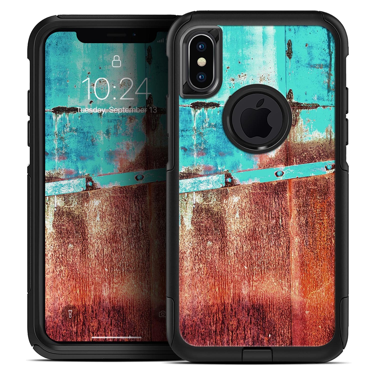 Bright turquoise skin kit for iPhone OtterBox with a rusted surface design, showcasing vibrant colors and texture.