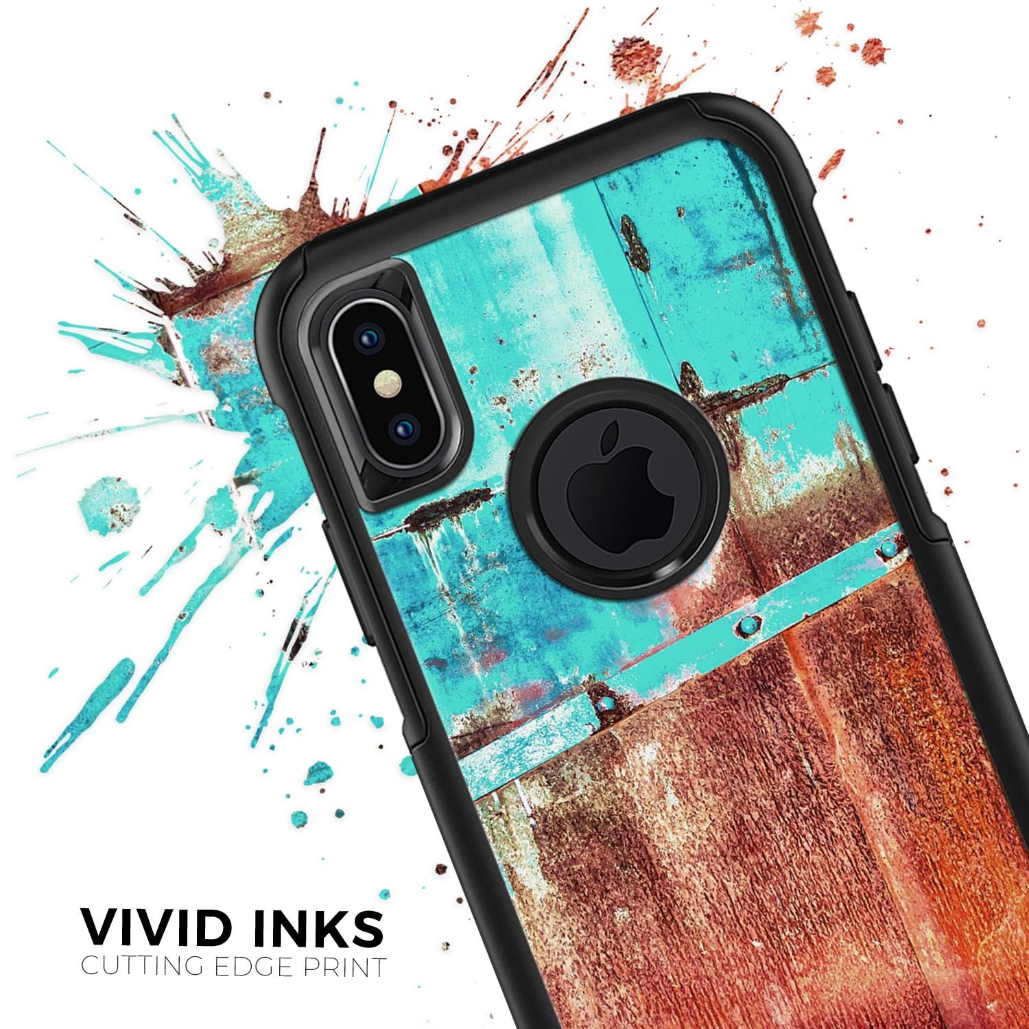 Bright turquoise skin kit for iPhone OtterBox with a rusted surface design, showcasing vibrant colors and texture.