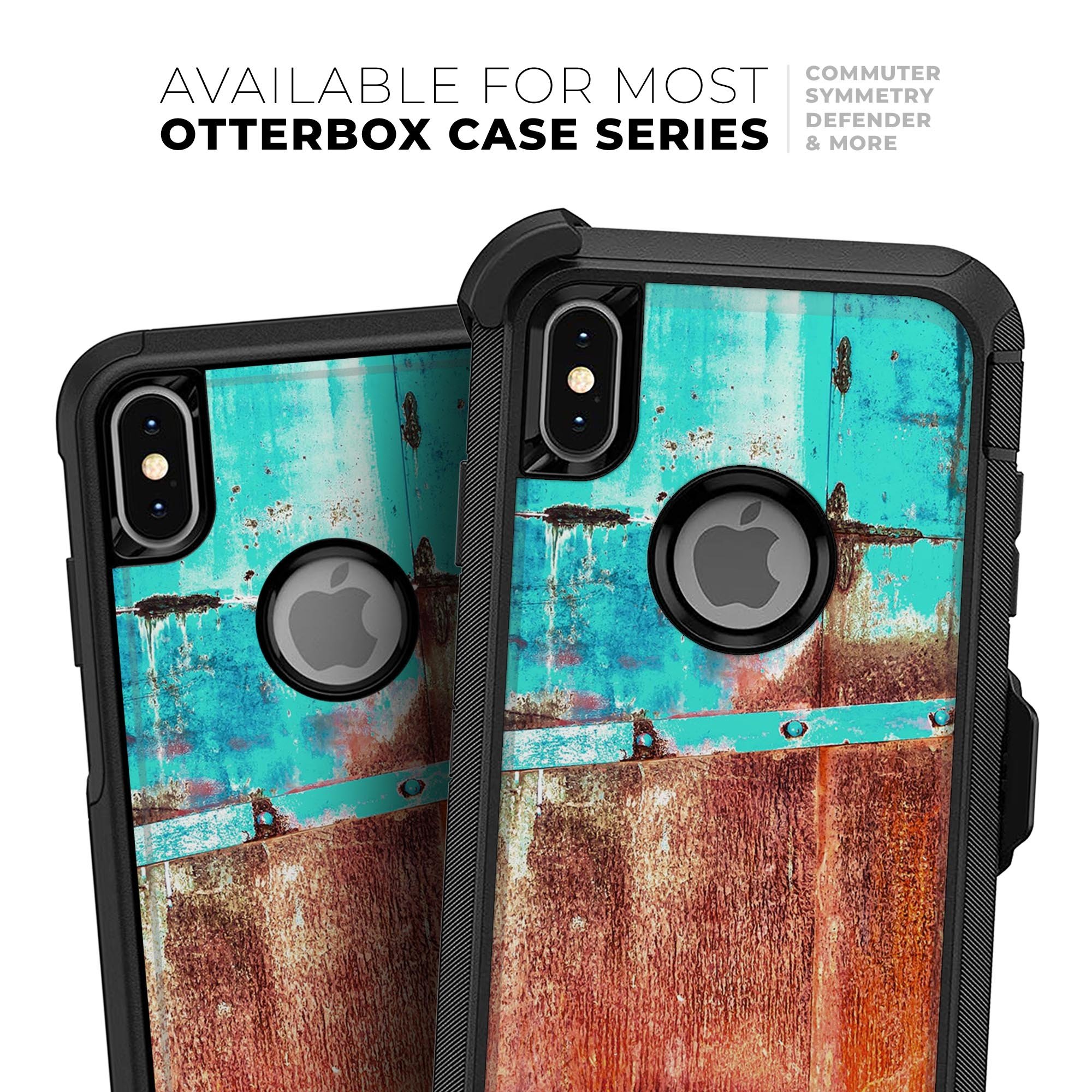 Bright turquoise skin kit for iPhone OtterBox with a rusted surface design, showcasing vibrant colors and texture.