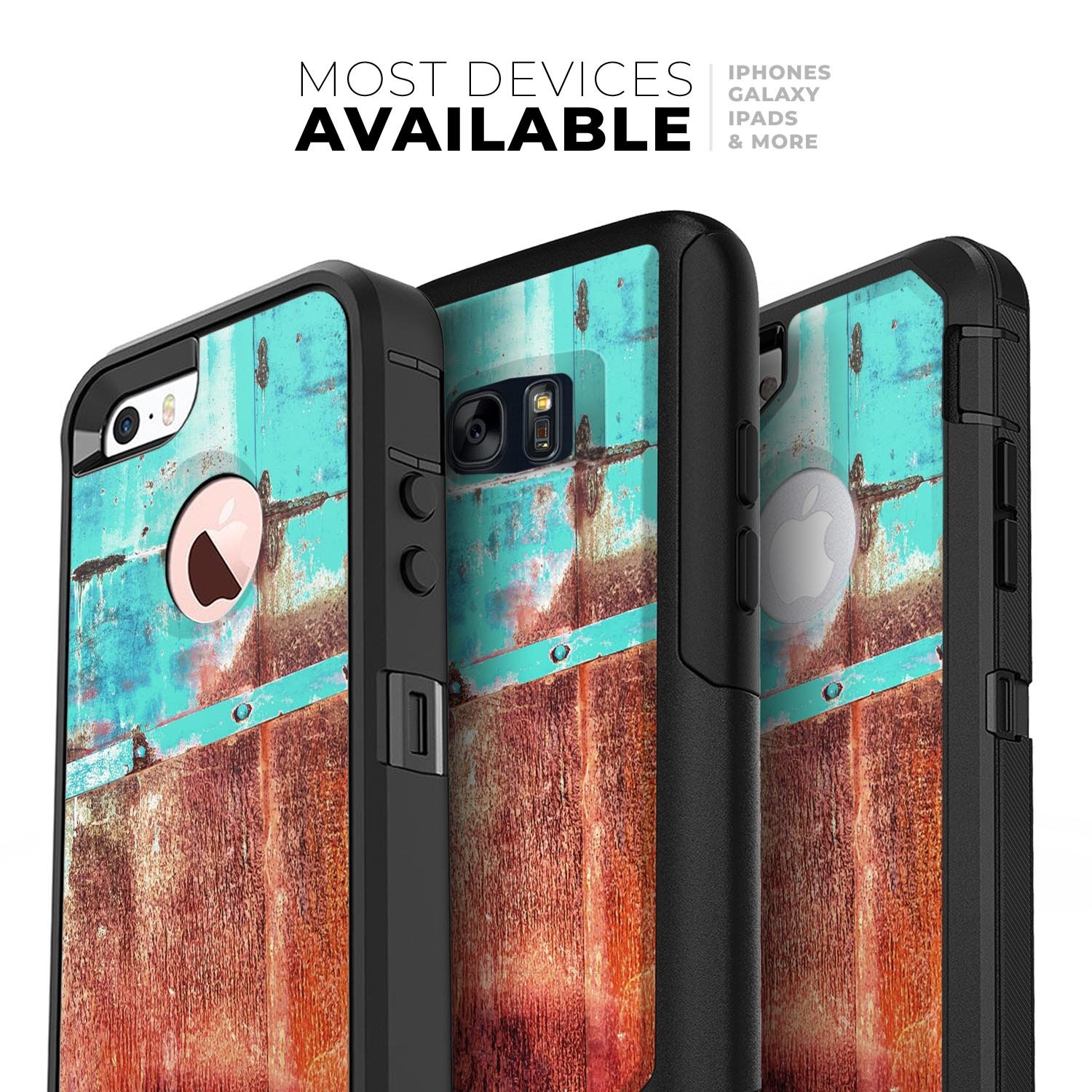 Bright turquoise skin kit for iPhone OtterBox with a rusted surface design, showcasing vibrant colors and texture.