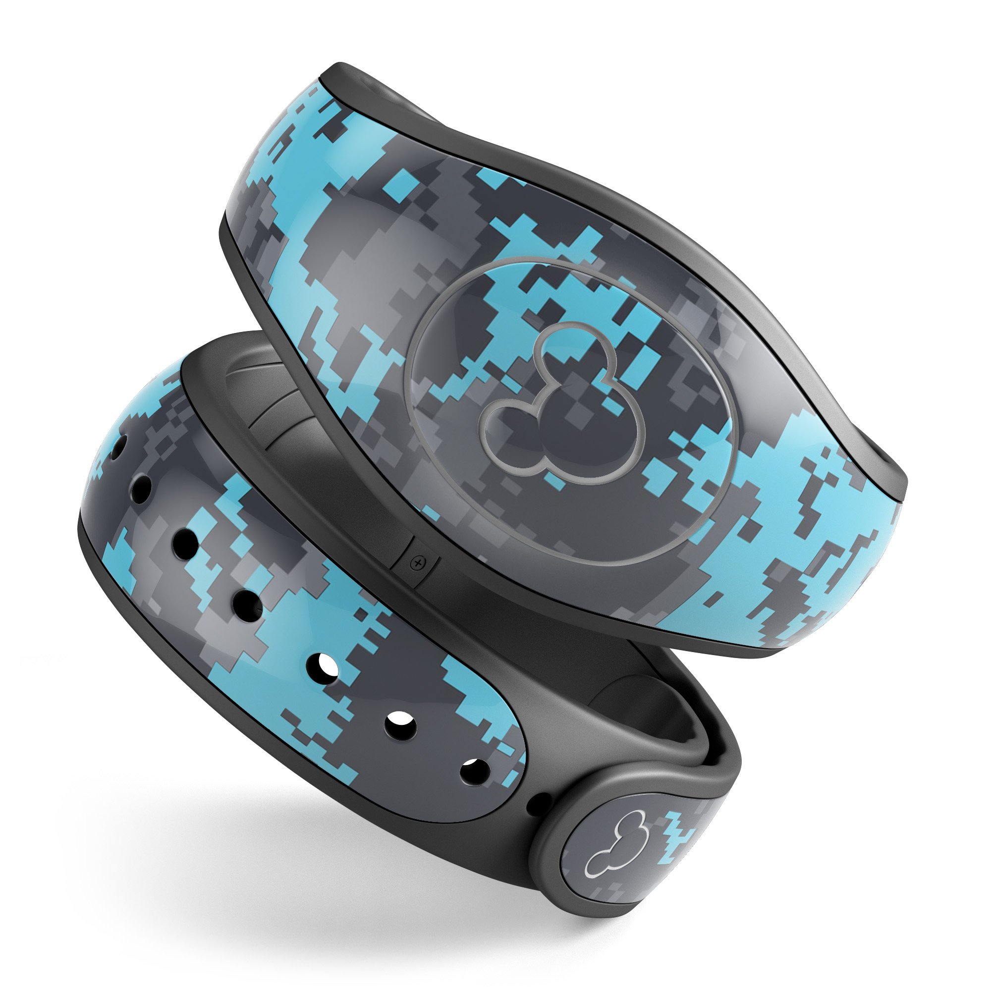 Bright turquoise and gray digital camouflage decal skin wrap kit for Disney Magic Band, showcasing vibrant colors and unique design.