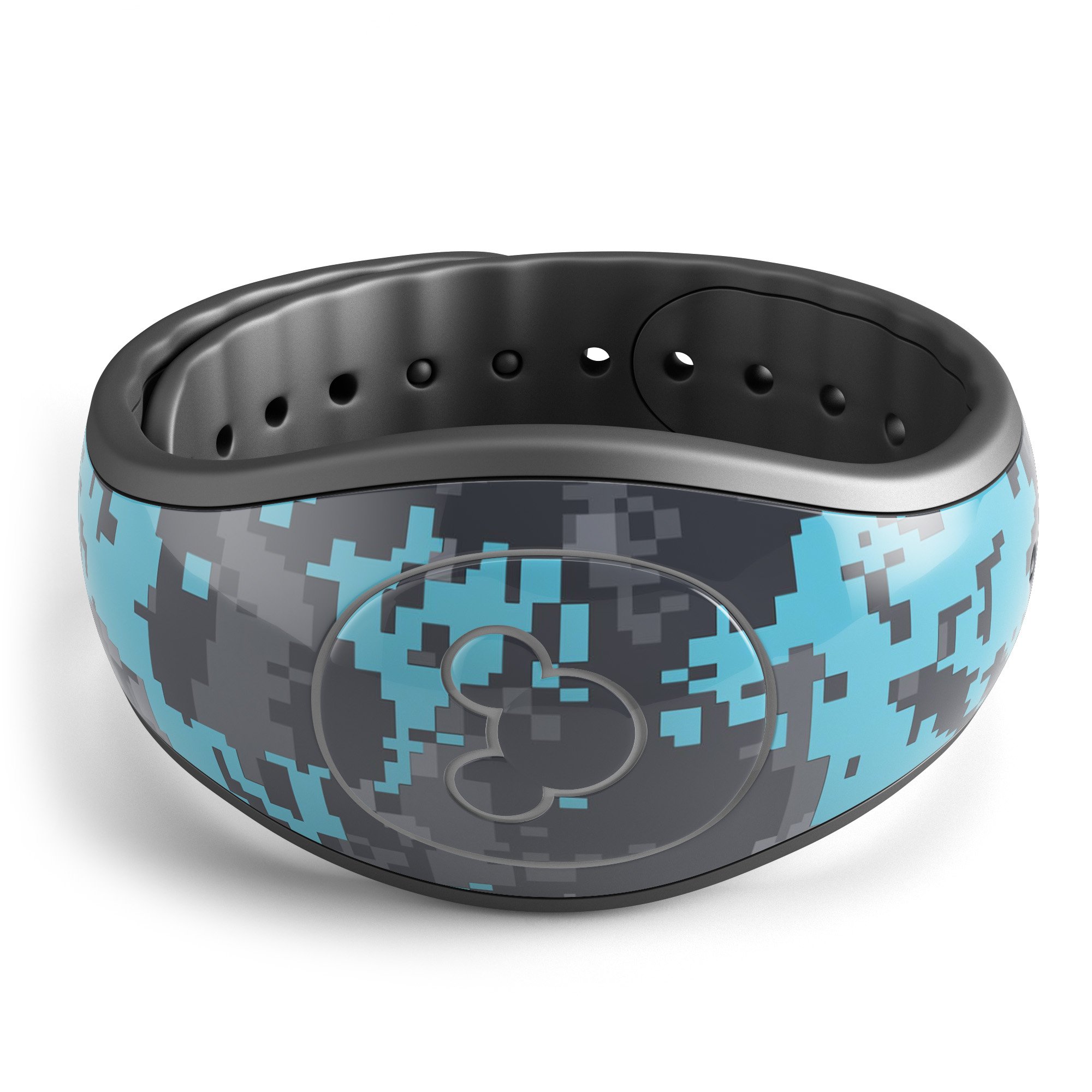 Bright turquoise and gray digital camouflage decal skin wrap kit for Disney Magic Band, showcasing vibrant colors and unique design.