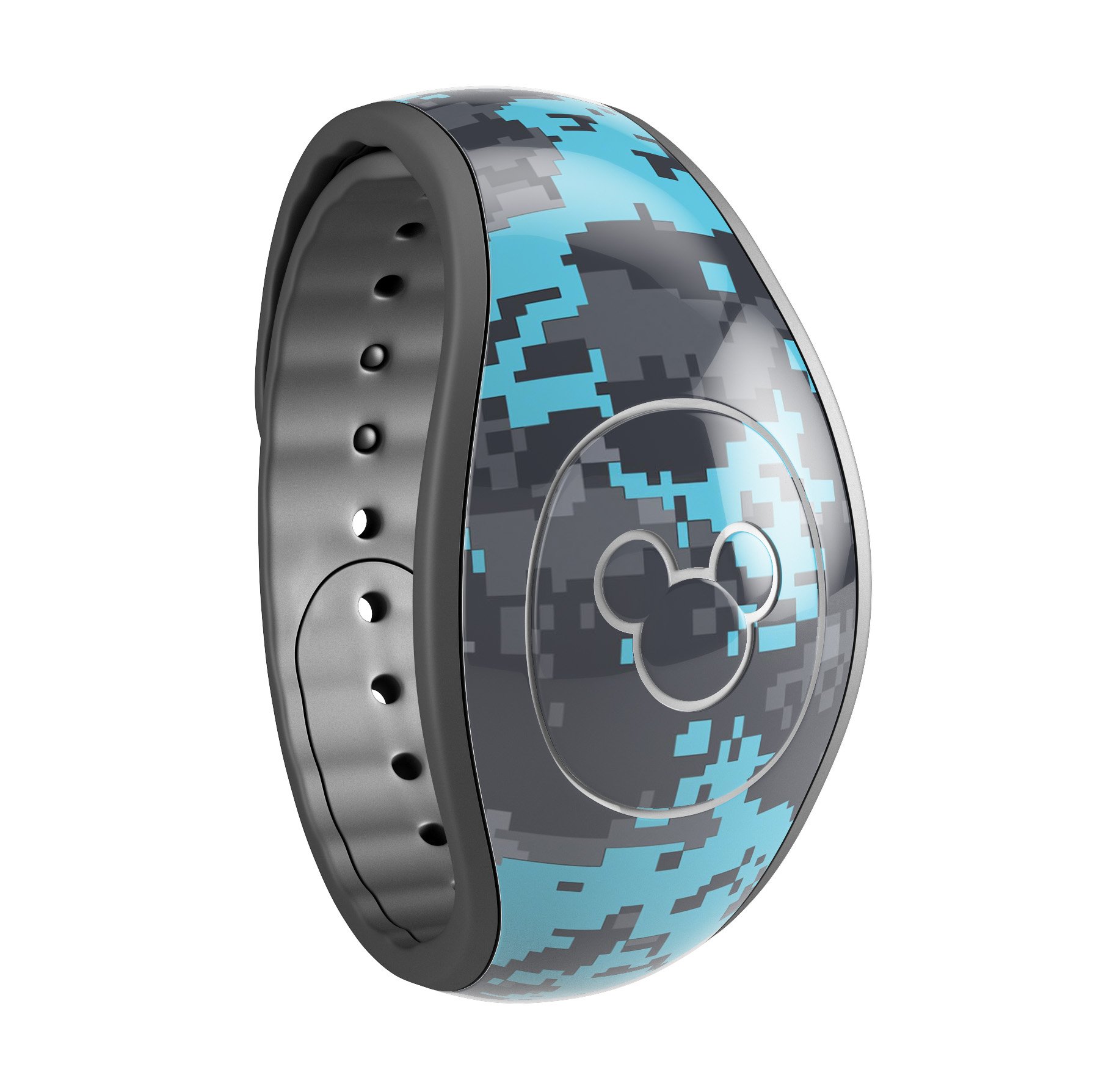 Bright turquoise and gray digital camouflage decal skin wrap kit for Disney Magic Band, showcasing vibrant colors and unique design.