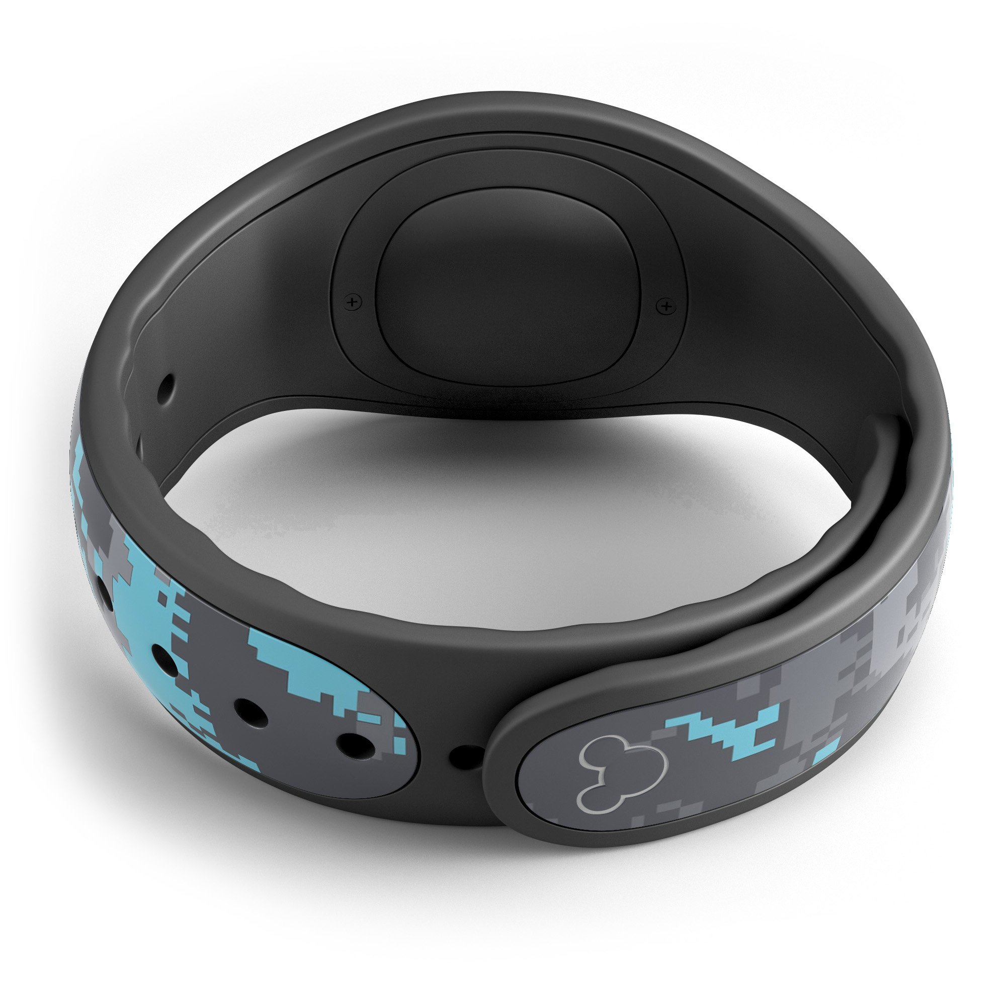 Bright turquoise and gray digital camouflage decal skin wrap kit for Disney Magic Band, showcasing vibrant colors and unique design.