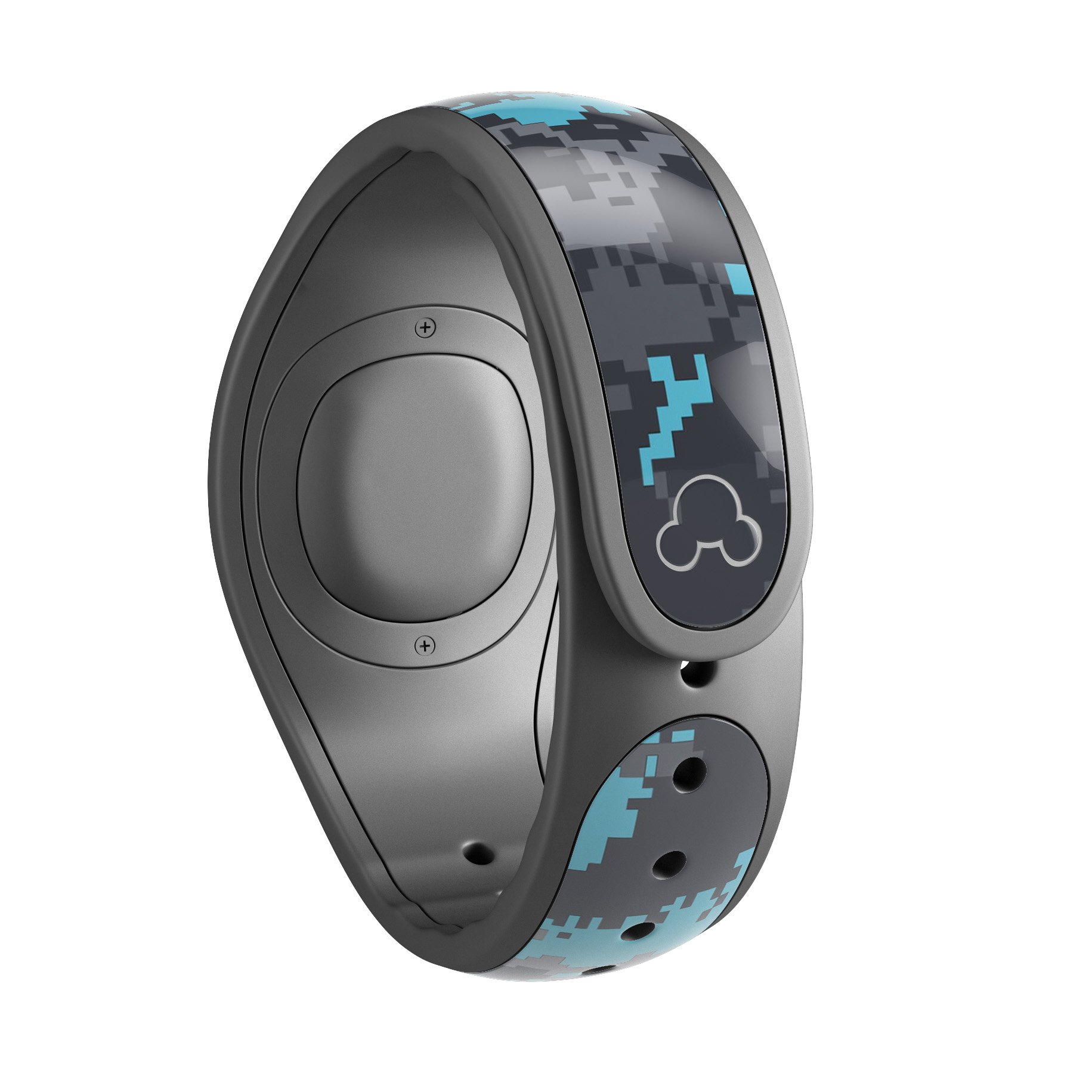 Bright turquoise and gray digital camouflage decal skin wrap kit for Disney Magic Band, showcasing vibrant colors and unique design.