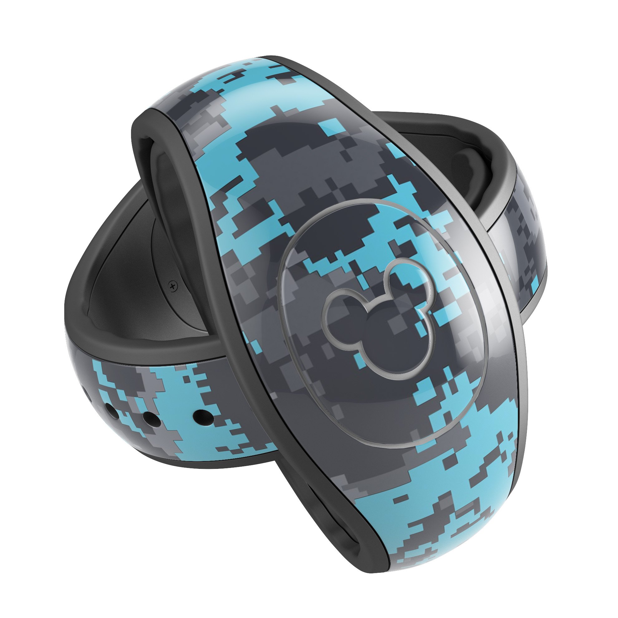 Bright turquoise and gray digital camouflage decal skin wrap kit for Disney Magic Band, showcasing vibrant colors and unique design.