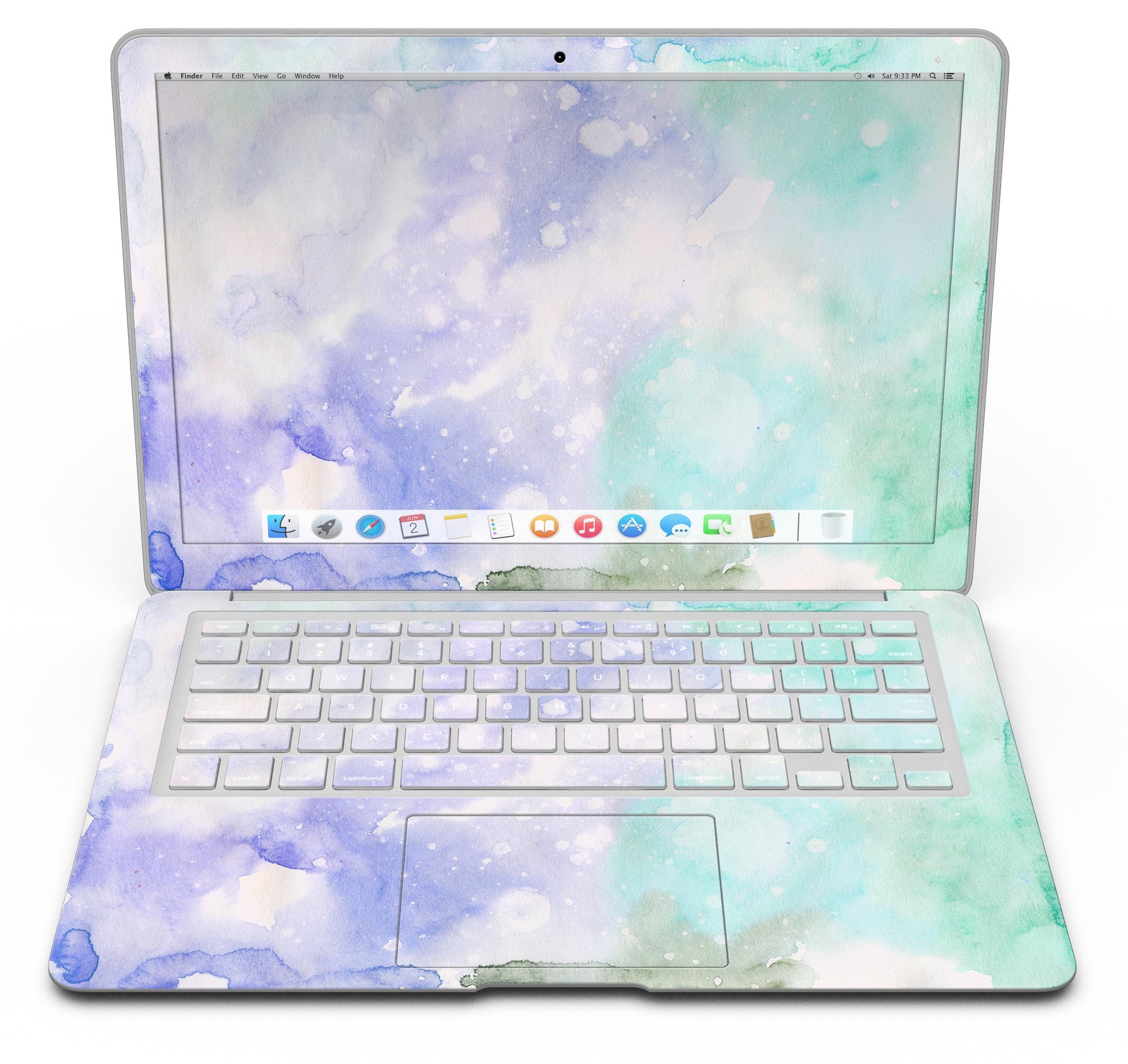 Bright v3 Absorbed Watercolor Texture skin applied to a MacBook Air, showcasing vibrant colors and a sleek design.