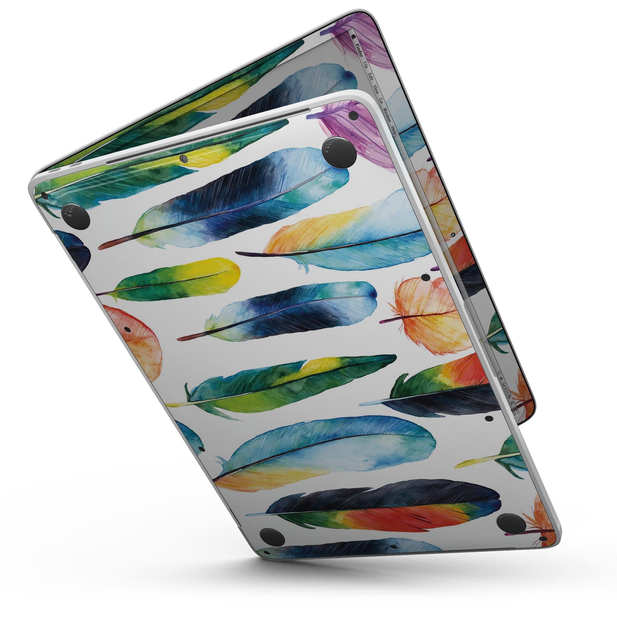 Bright Water Color Painted Feather skin for 13" MacBook Pro without Touch Bar, showcasing vibrant colors and a sleek design.