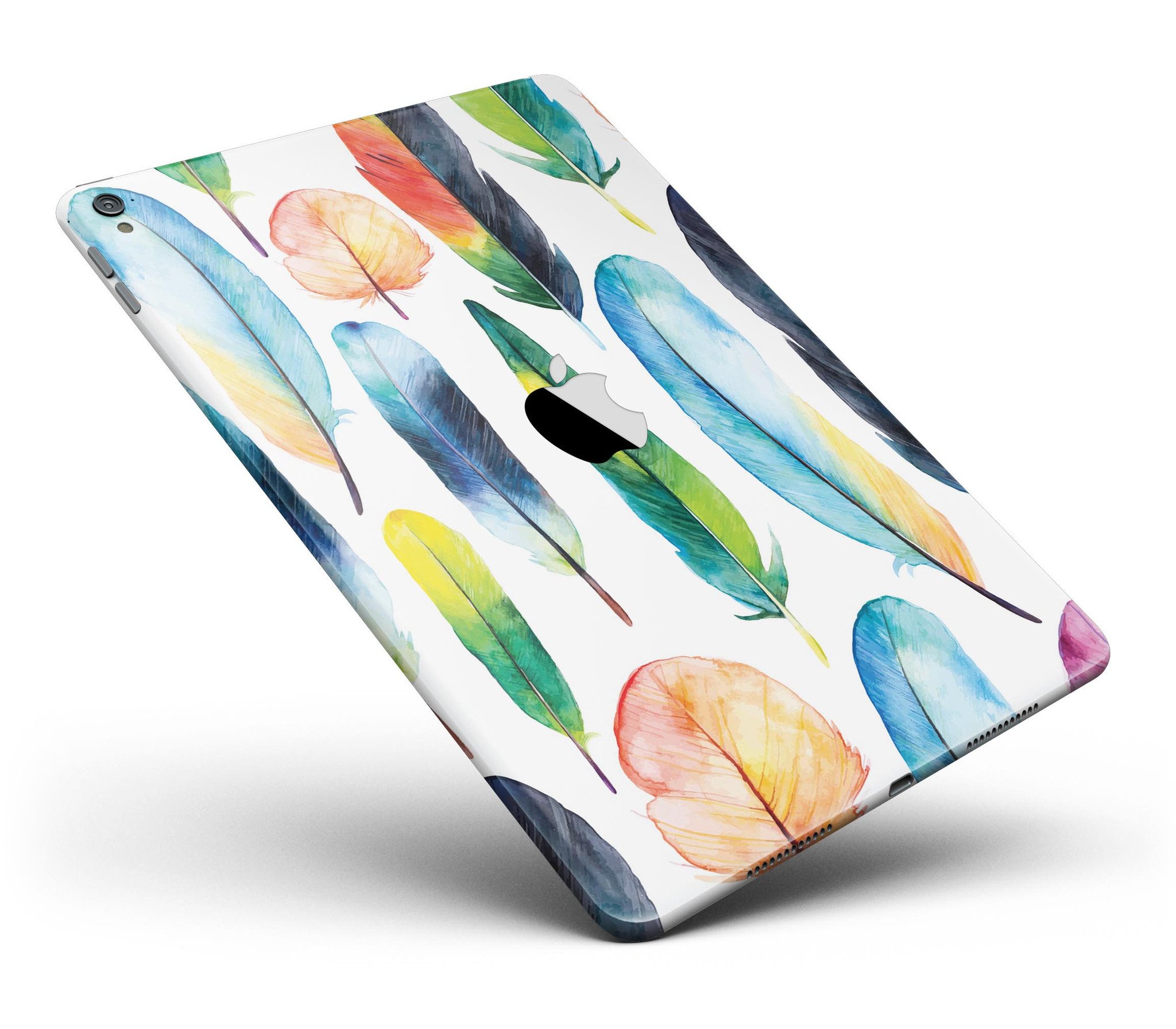 Bright Water Color Painted Feather skin for iPad Pro, showcasing vibrant colors and intricate feather design.