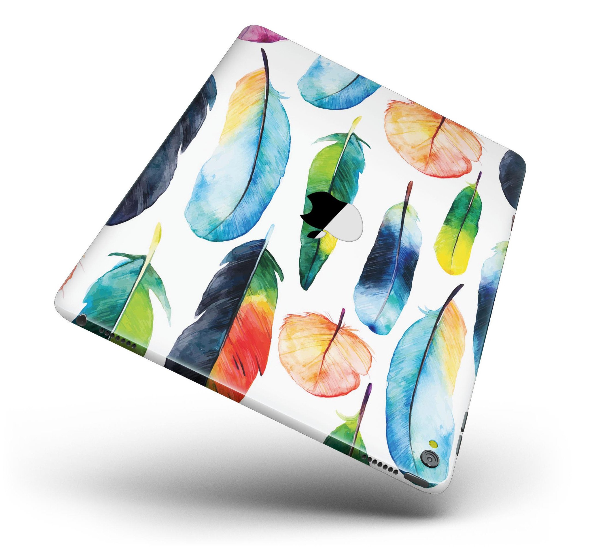 Bright Water Color Painted Feather skin for iPad Pro, showcasing vibrant colors and intricate feather design.