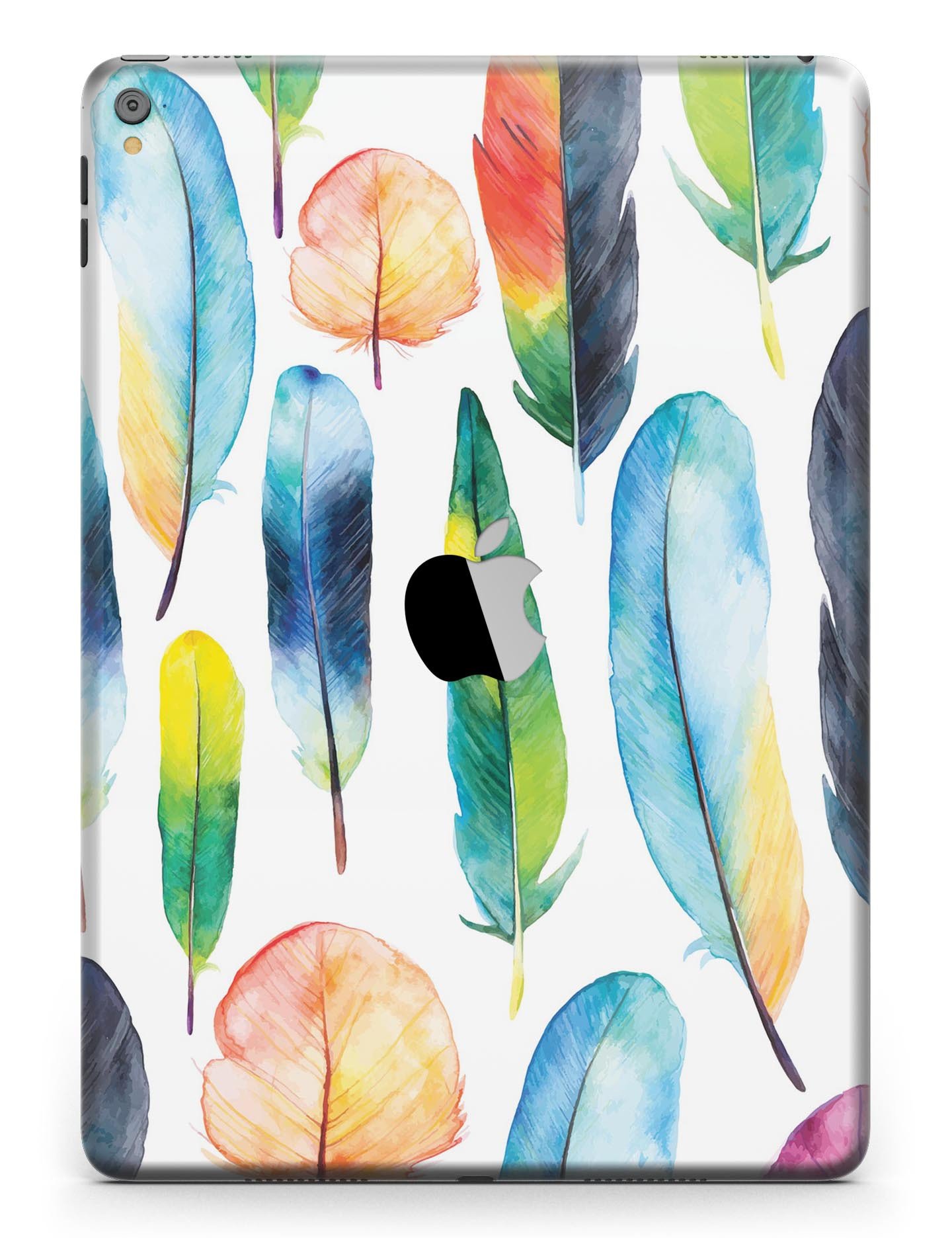 Bright Water Color Painted Feather skin for iPad Pro, showcasing vibrant colors and intricate feather design.