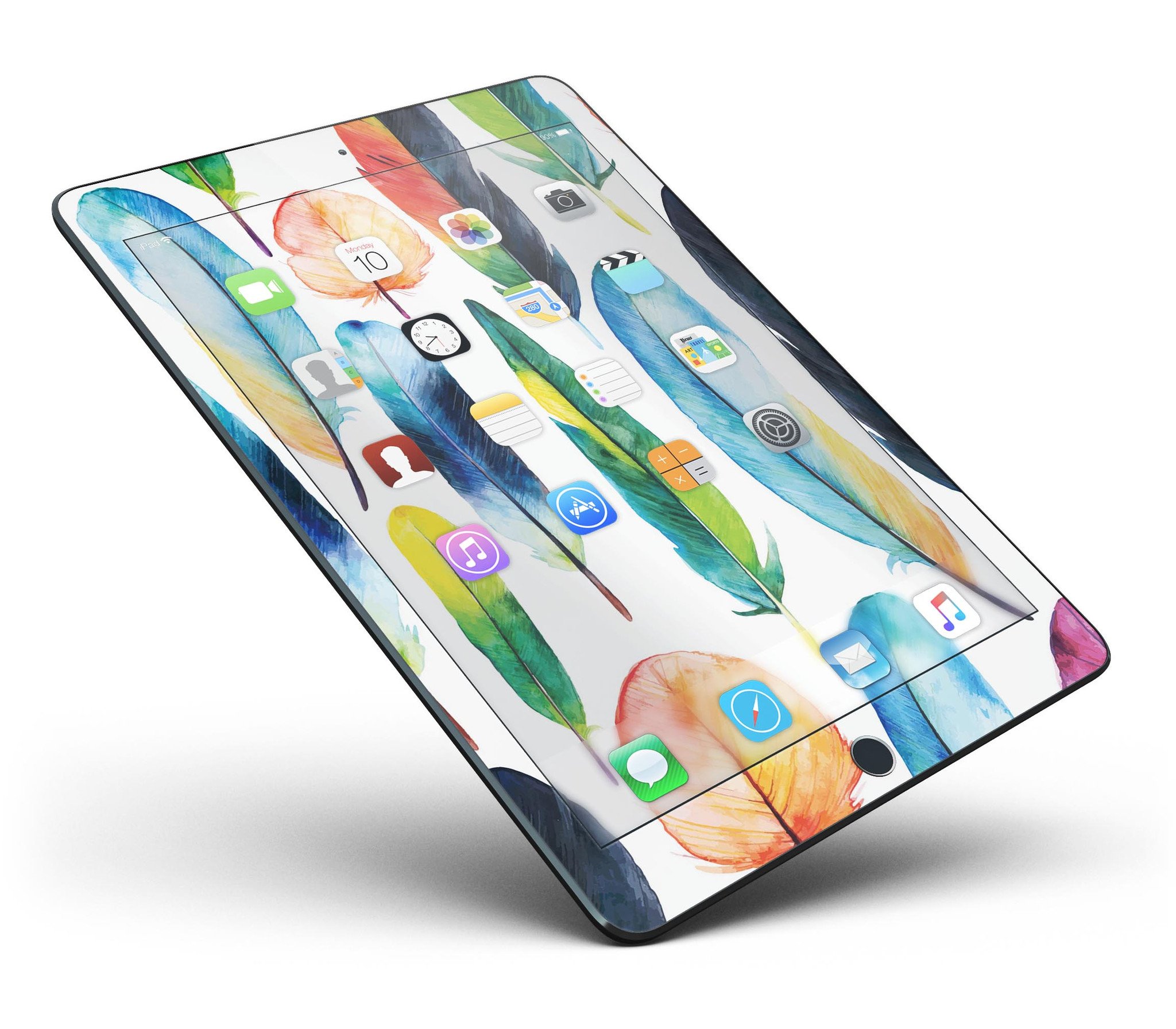 Bright Water Color Painted Feather skin for iPad Pro, showcasing vibrant colors and intricate feather design.