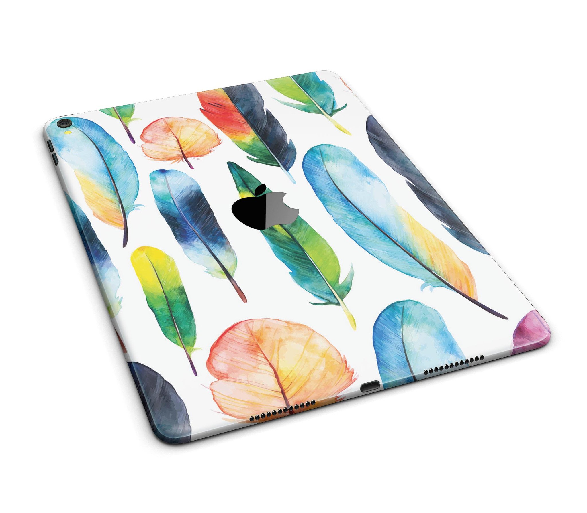 Bright Water Color Painted Feather skin for iPad Pro, showcasing vibrant colors and intricate feather design.