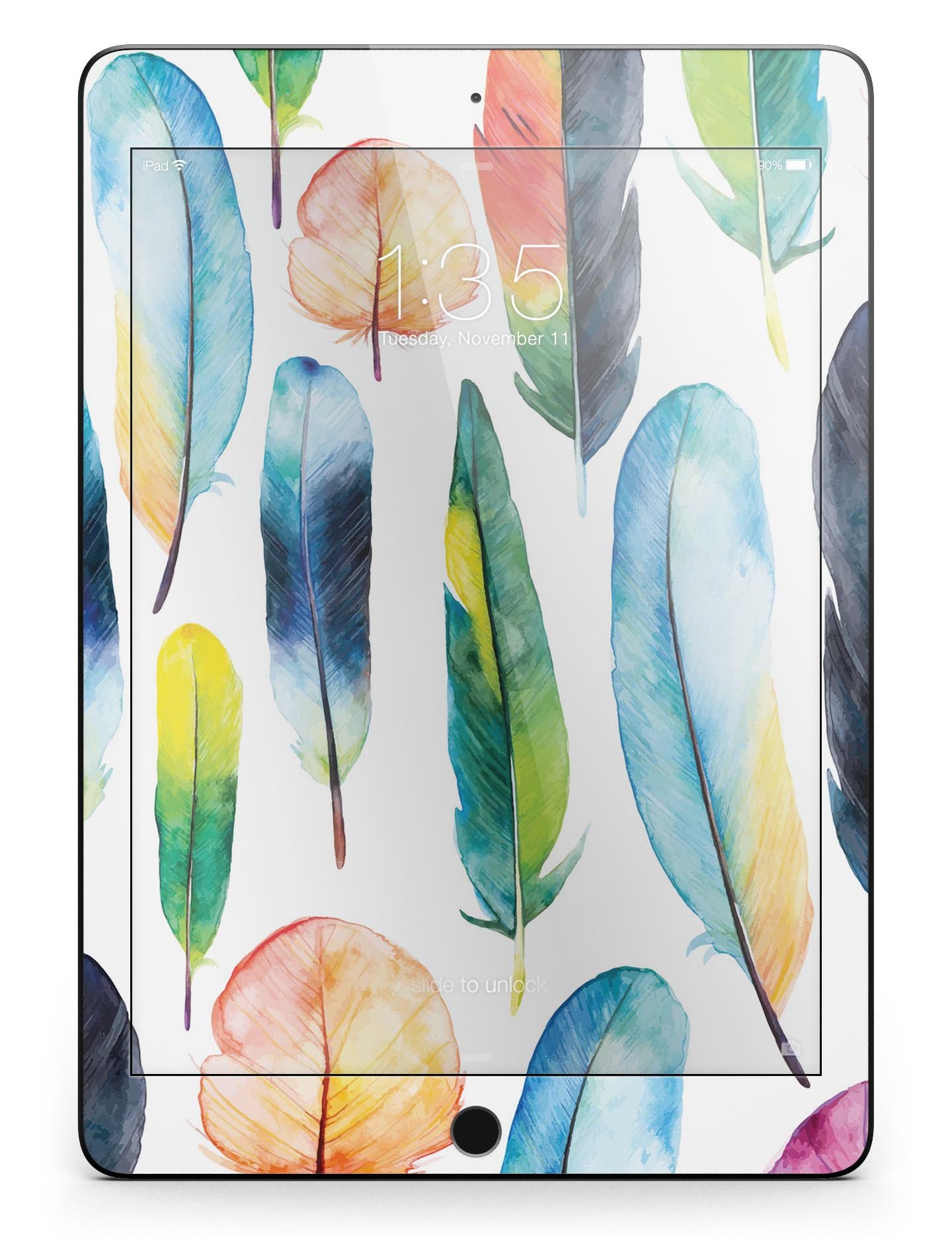 Bright Water Color Painted Feather skin for iPad Pro, showcasing vibrant colors and intricate feather design.