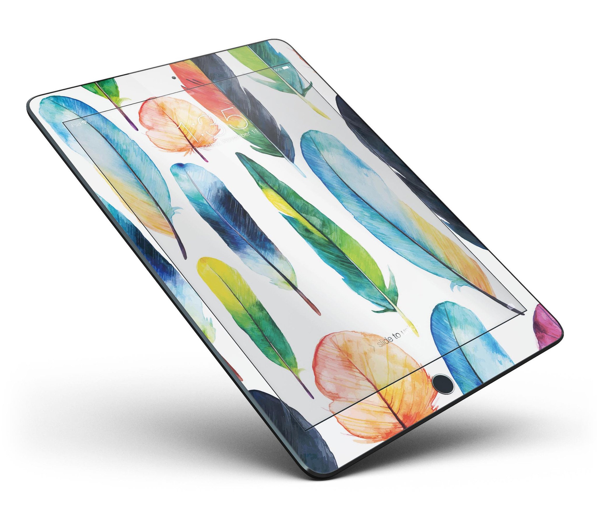 Bright Water Color Painted Feather skin for iPad Pro, showcasing vibrant colors and intricate feather design.