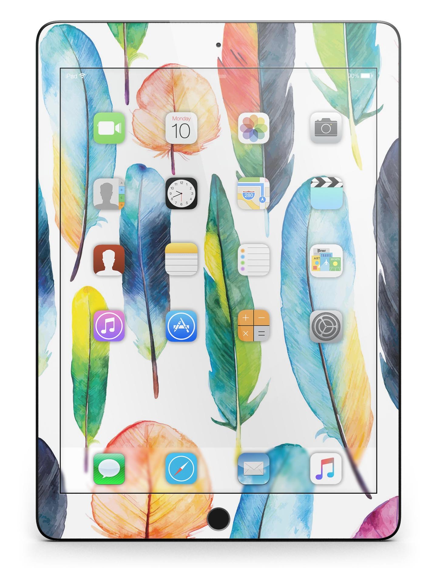 Bright Water Color Painted Feather skin for iPad Pro, showcasing vibrant colors and intricate feather design.