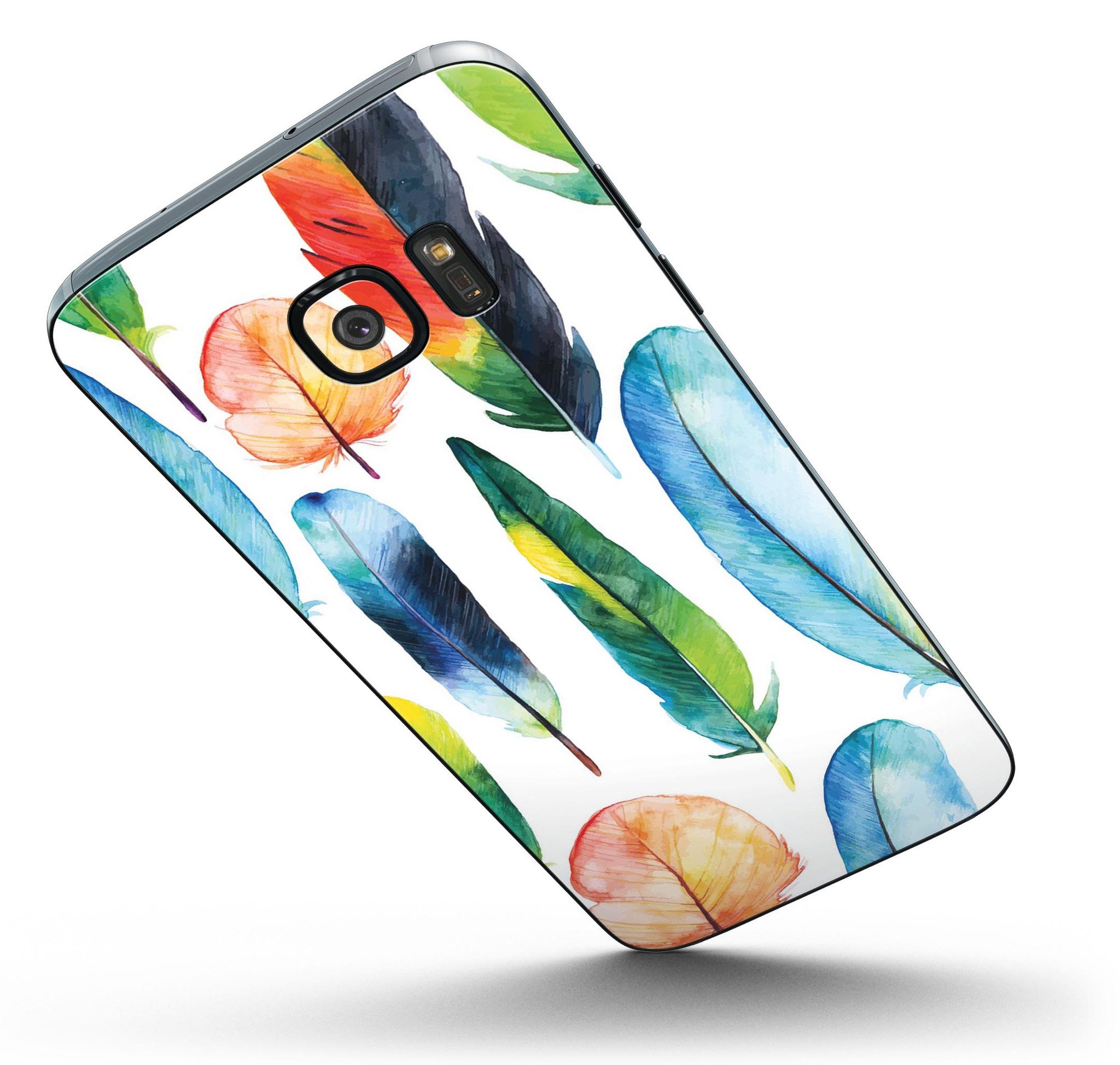 Bright Water Color Painted Feather skin for Samsung Galaxy S7 and S7 Edge, showcasing vibrant colors and a sleek design.