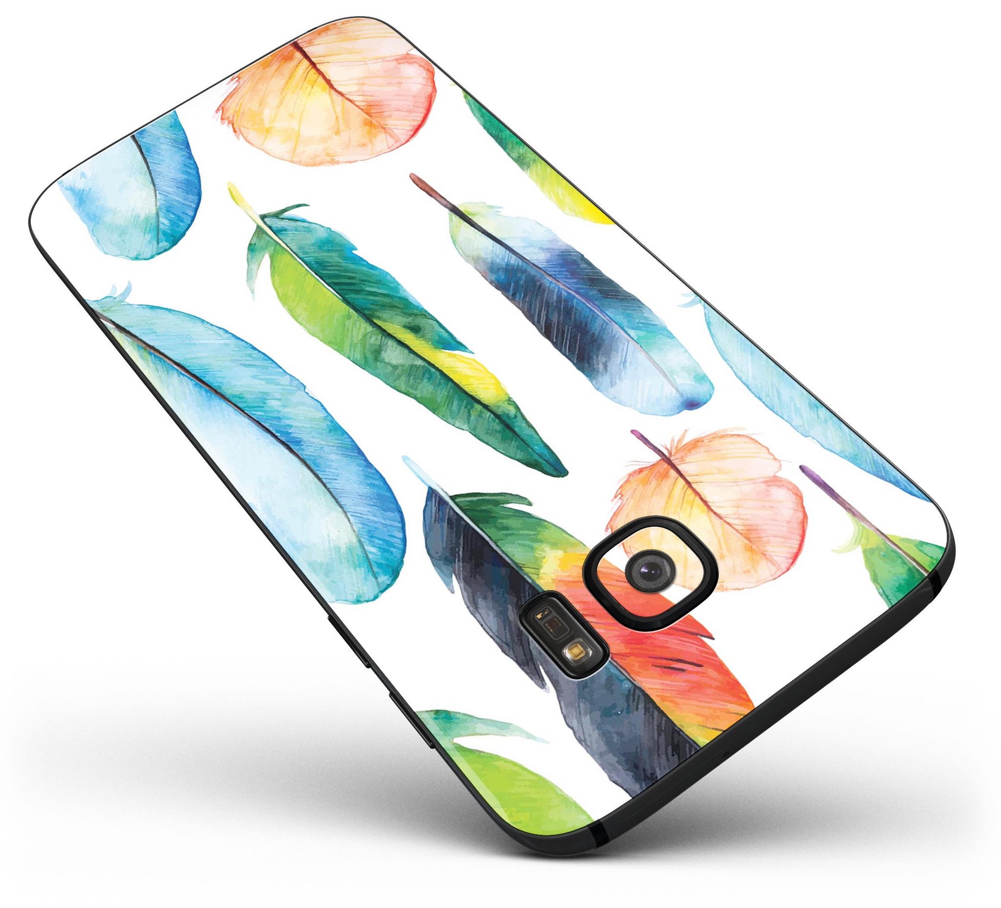 Bright Water Color Painted Feather skin for Samsung Galaxy S7 and S7 Edge, showcasing vibrant colors and a sleek design.