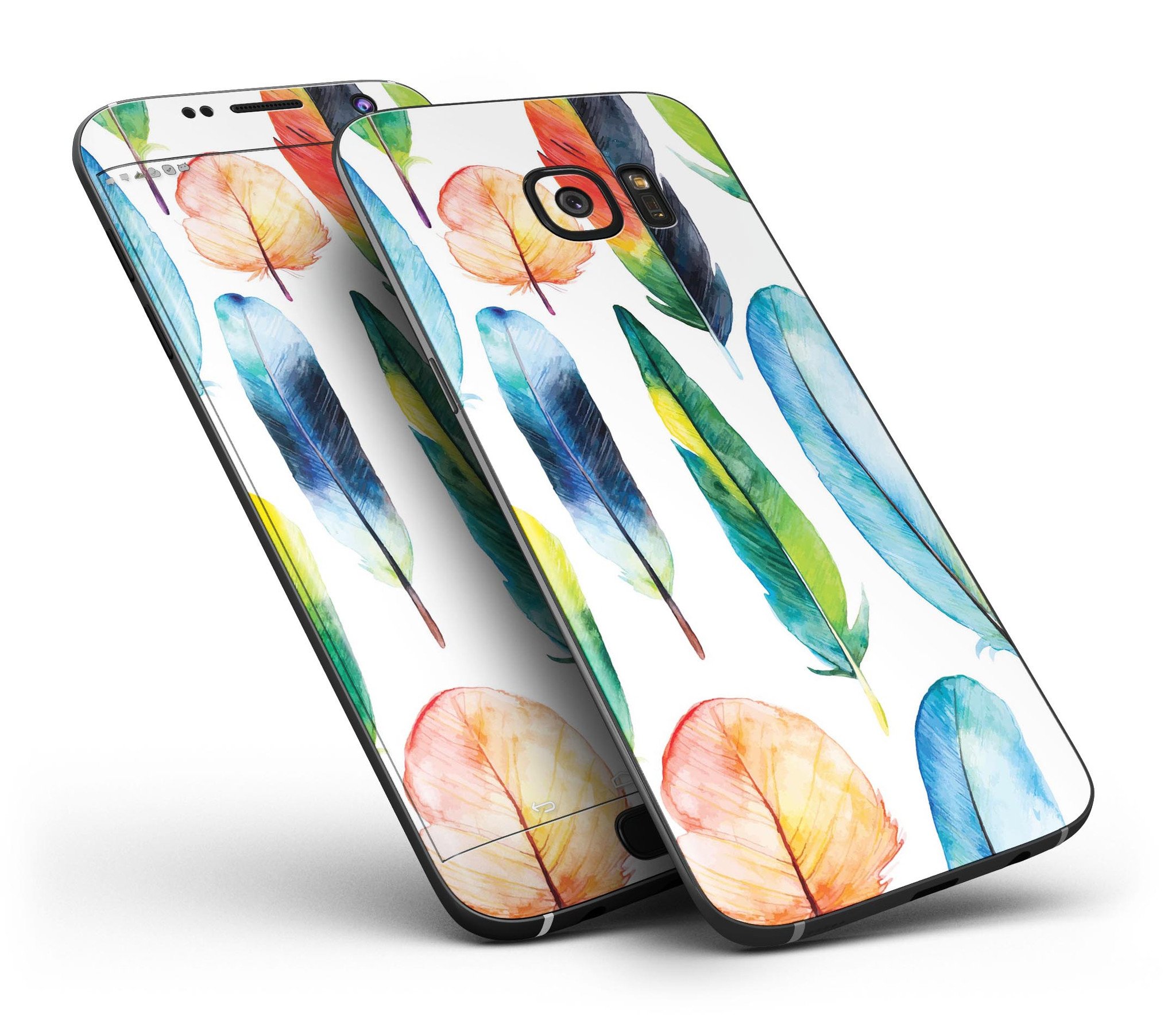 Bright Water Color Painted Feather skin for Samsung Galaxy S7 and S7 Edge, showcasing vibrant colors and a sleek design.