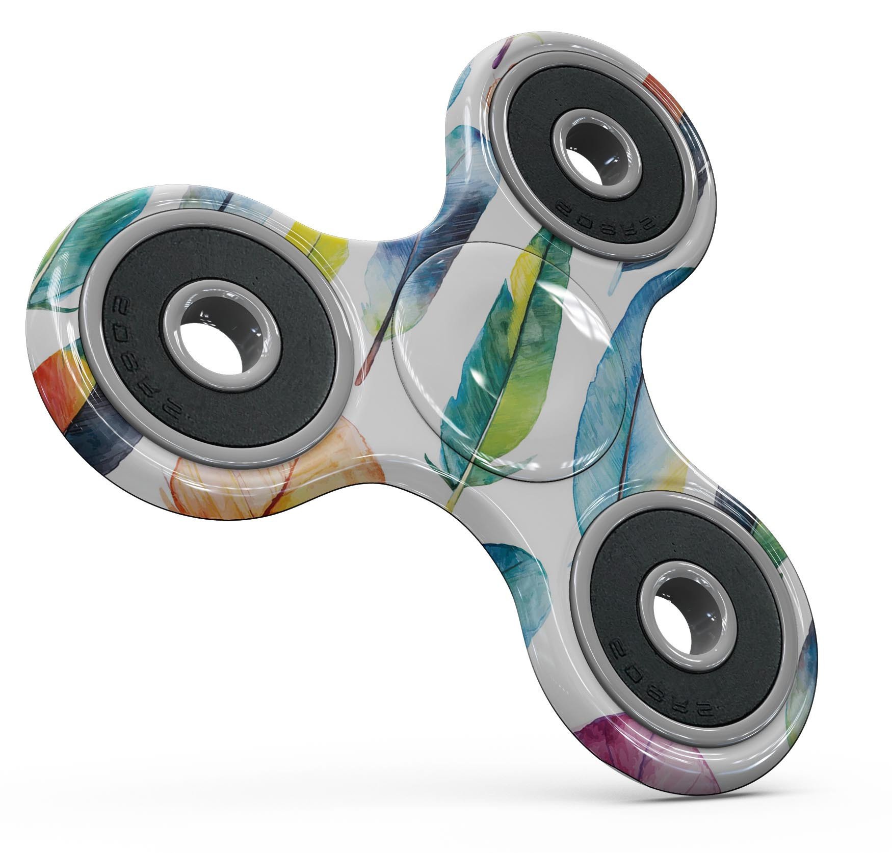 Bright Water Color Painted Feather Skin-Kit for fidget spinner, showcasing vibrant colors and intricate feather design.