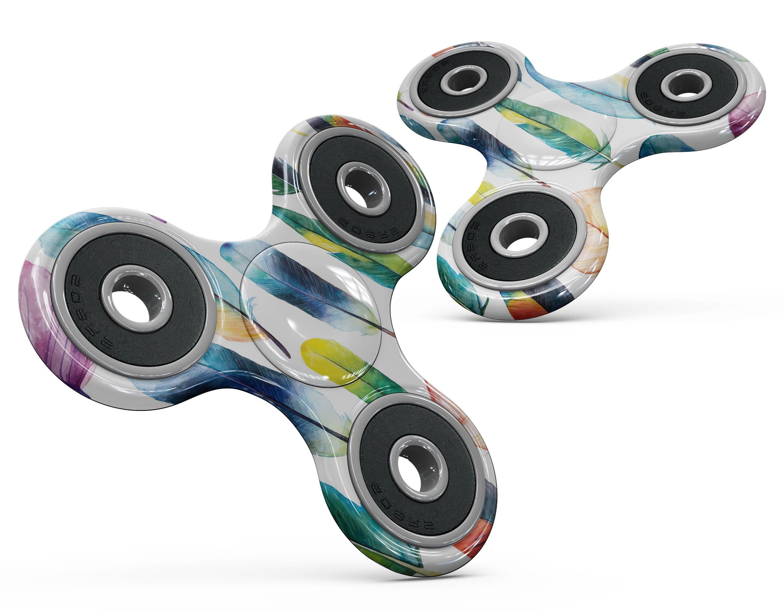 Bright Water Color Painted Feather Skin-Kit for fidget spinner, showcasing vibrant colors and intricate feather design.