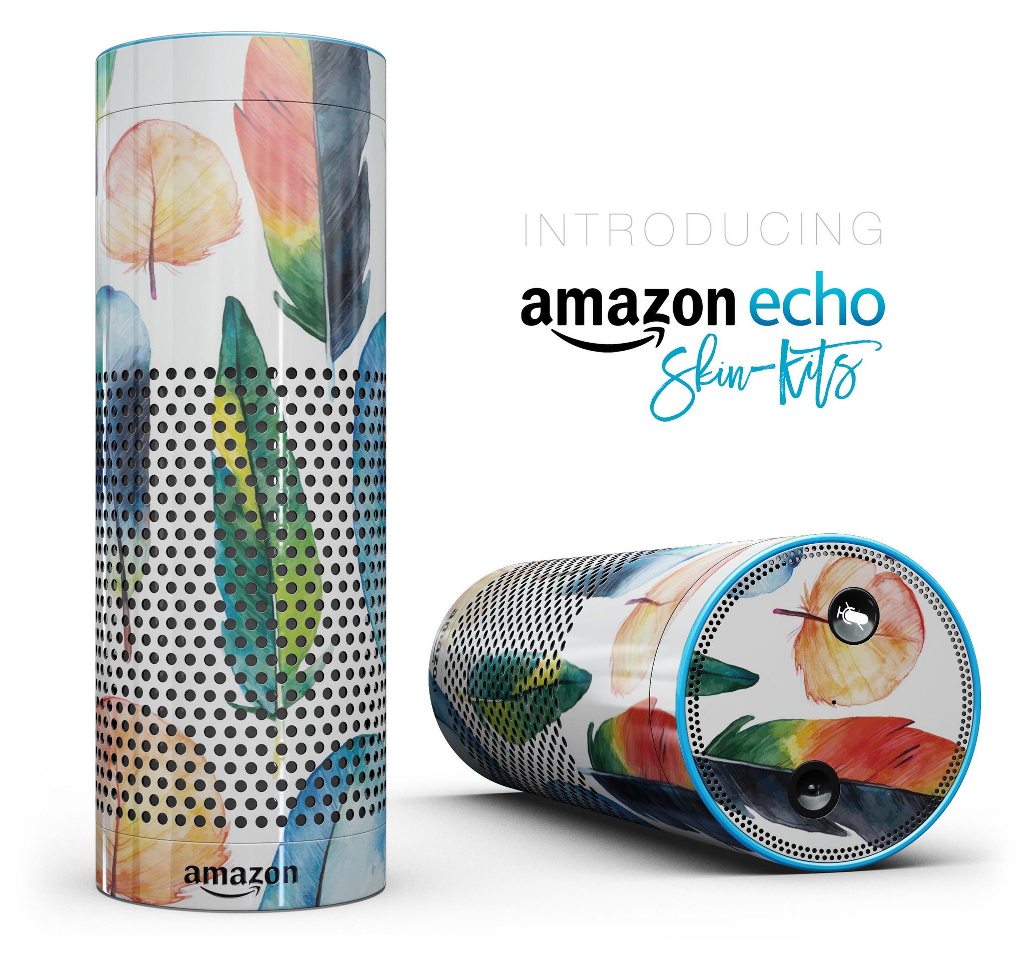 Bright Water Color Painted Feather skin-kit for Amazon Echo, showcasing vibrant colors and intricate design for full-body protection.