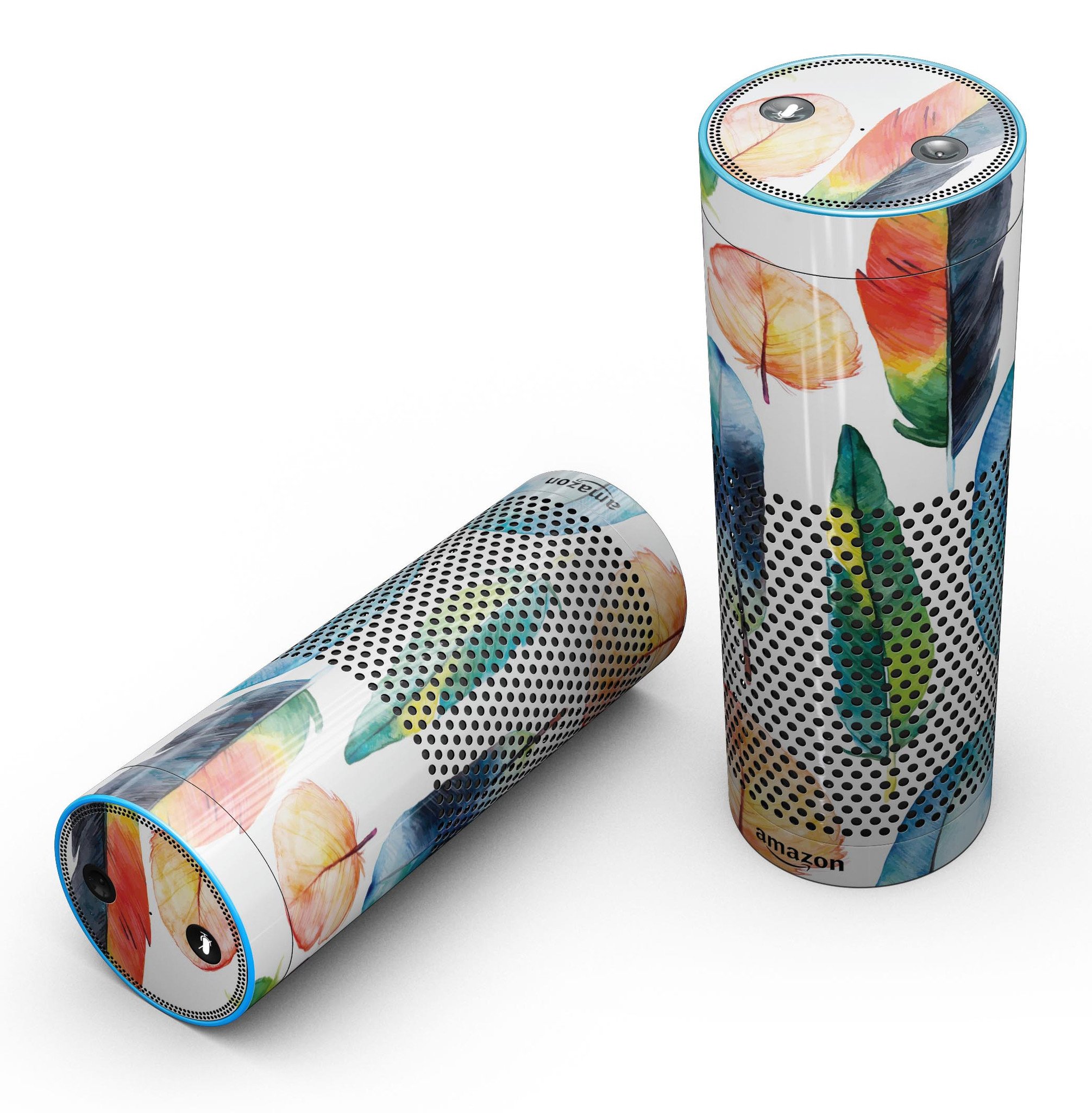 Bright Water Color Painted Feather skin-kit for Amazon Echo, showcasing vibrant colors and intricate design for full-body protection.