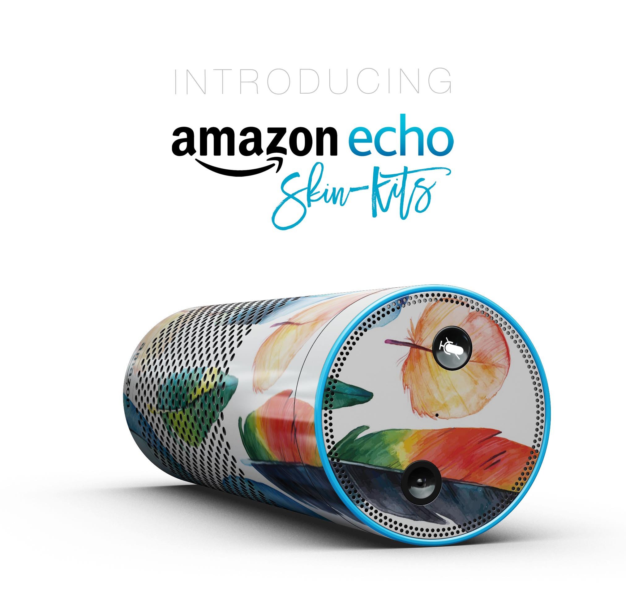 Bright Water Color Painted Feather skin-kit for Amazon Echo, showcasing vibrant colors and intricate design for full-body protection.