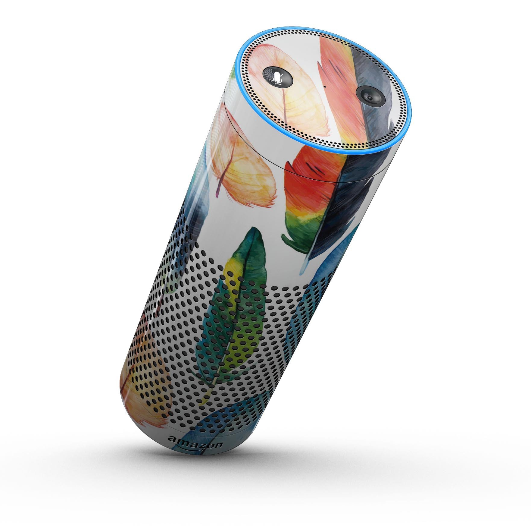 Bright Water Color Painted Feather skin-kit for Amazon Echo, showcasing vibrant colors and intricate design for full-body protection.