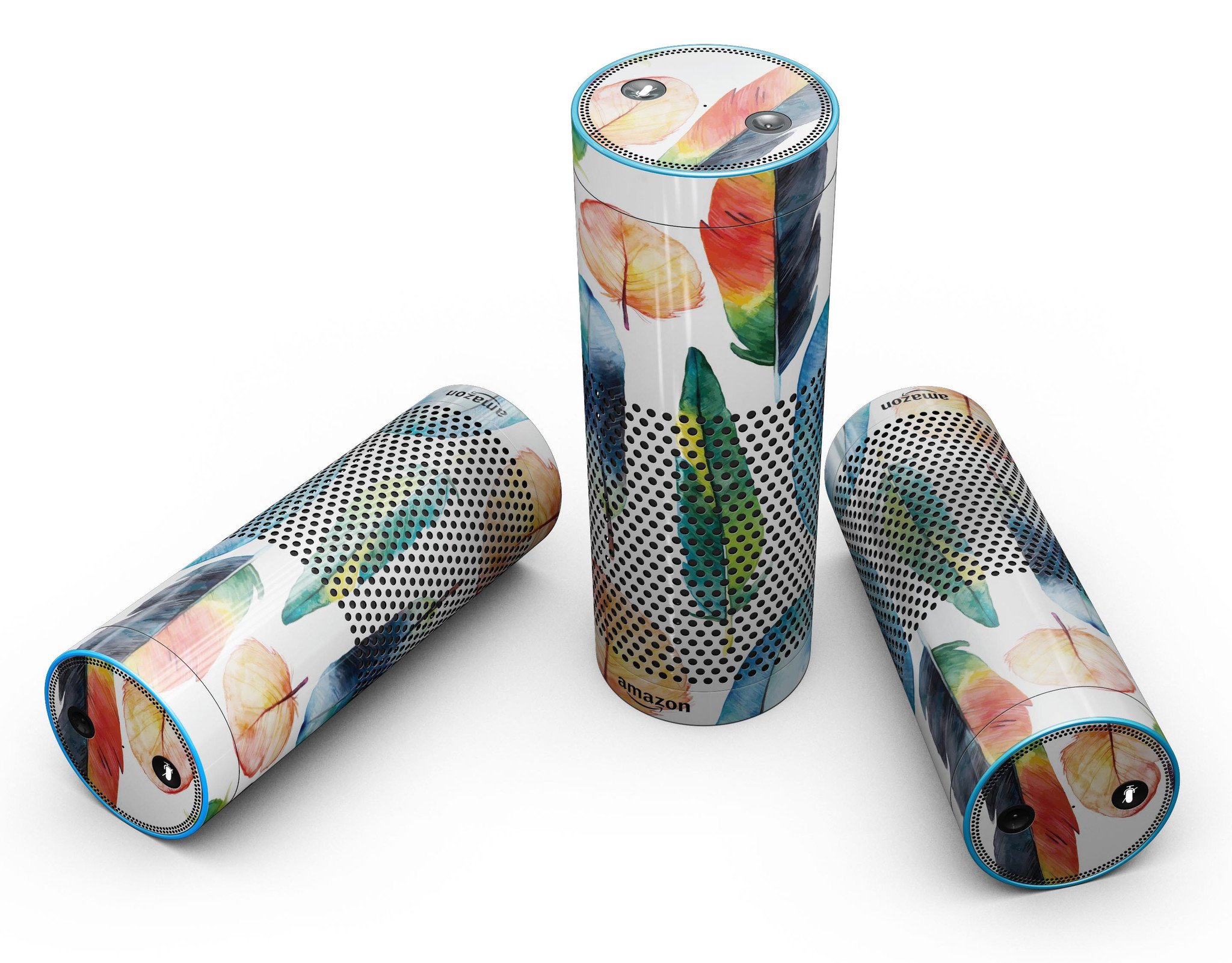 Bright Water Color Painted Feather skin-kit for Amazon Echo, showcasing vibrant colors and intricate design for full-body protection.