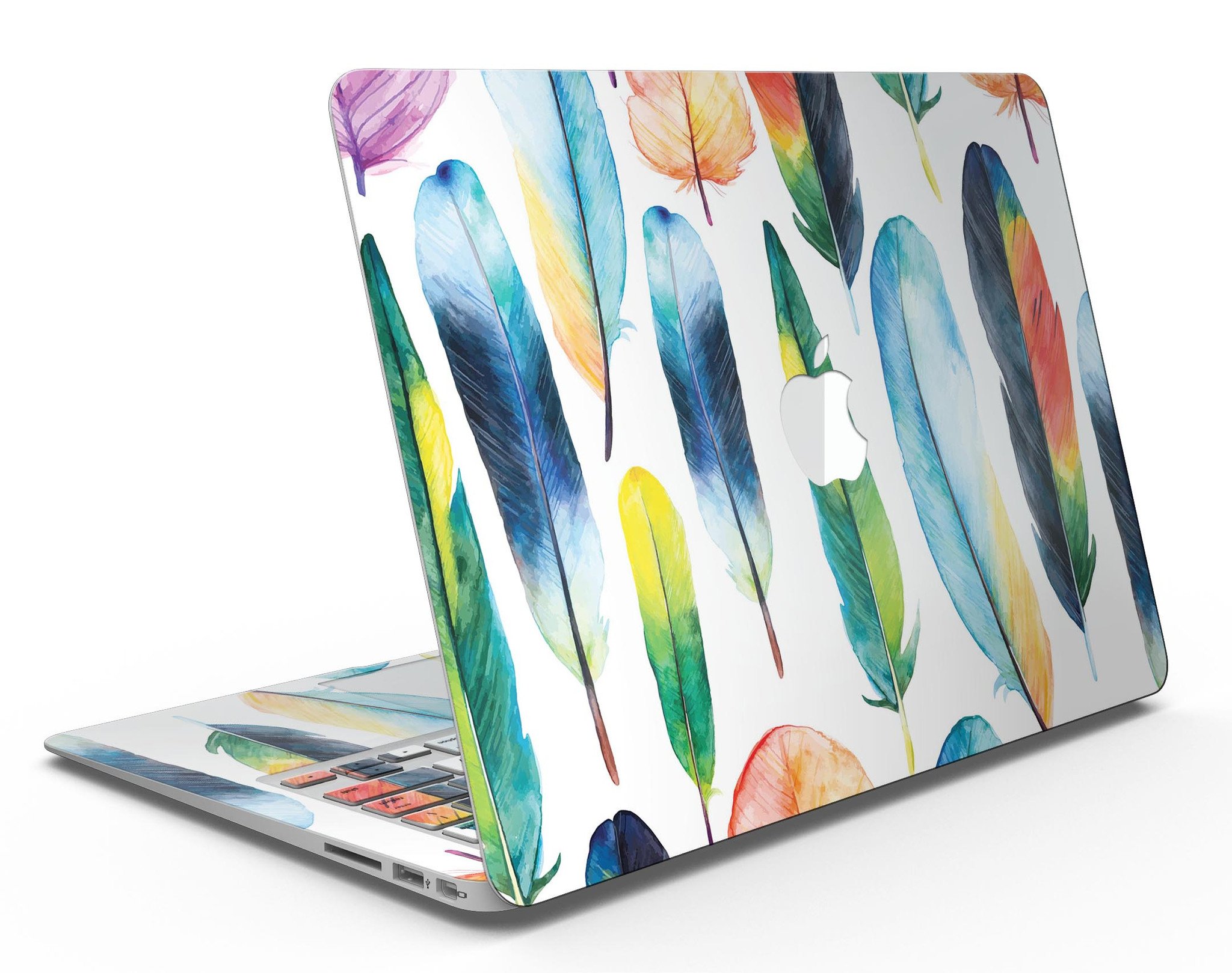 Bright Water Color Painted Feather skin for MacBook Air, showcasing vibrant colors and artistic feather design.