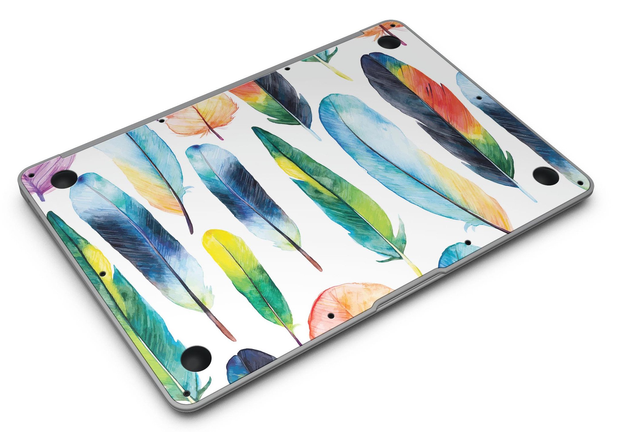 Bright Water Color Painted Feather skin for MacBook Air, showcasing vibrant colors and artistic feather design.