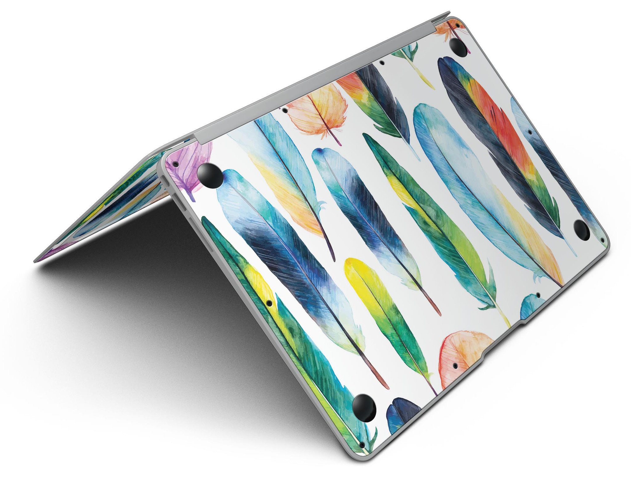 Bright Water Color Painted Feather skin for MacBook Air, showcasing vibrant colors and artistic feather design.