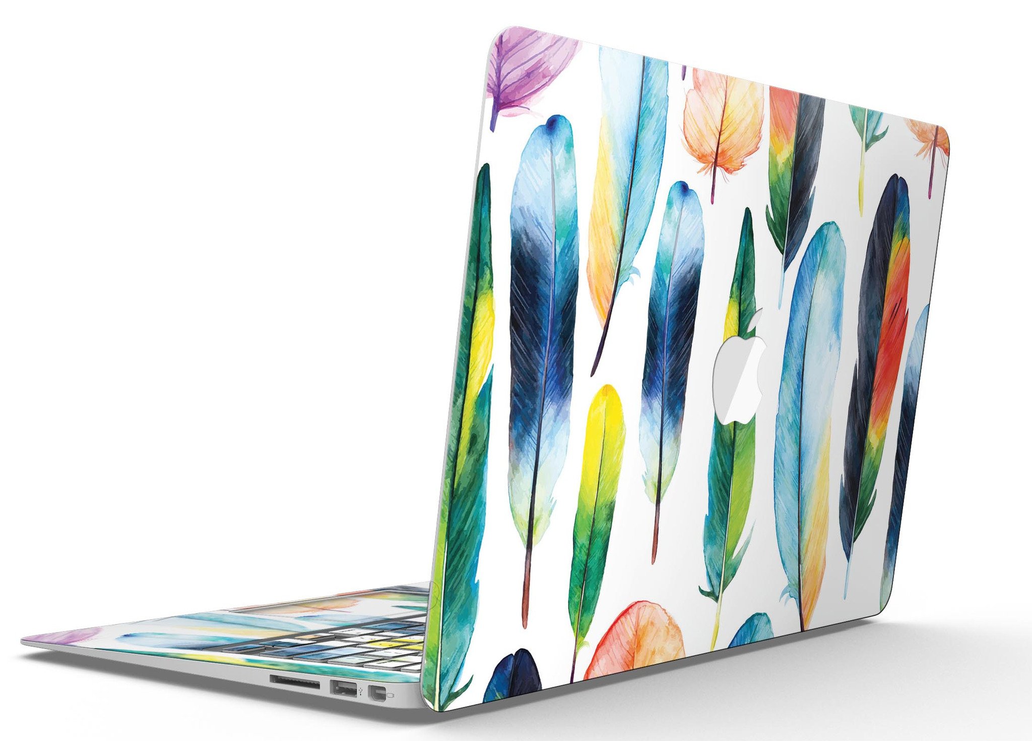 Bright Water Color Painted Feather skin for MacBook Air, showcasing vibrant colors and artistic feather design.