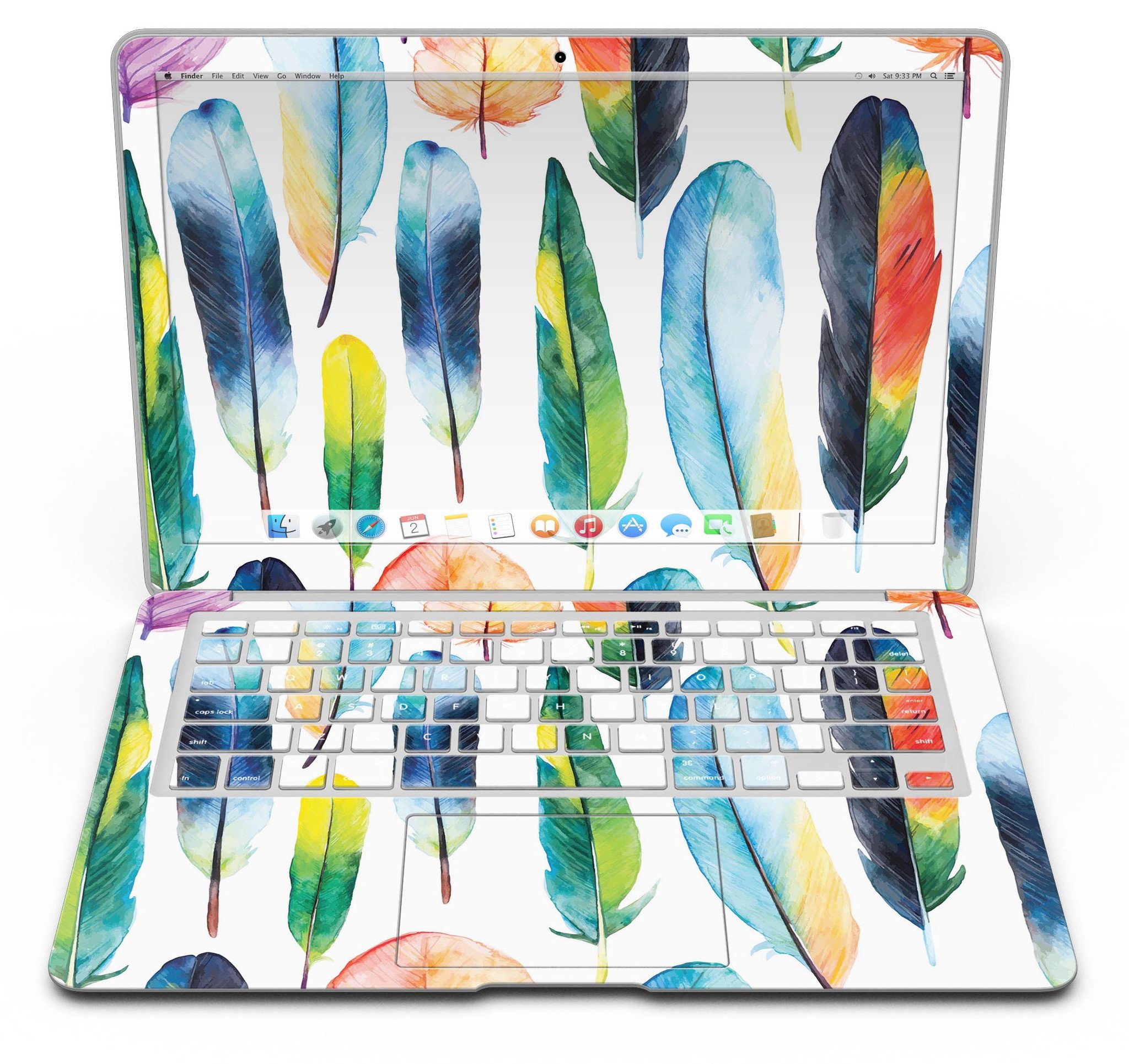 Bright Water Color Painted Feather skin for MacBook Air, showcasing vibrant colors and artistic feather design.